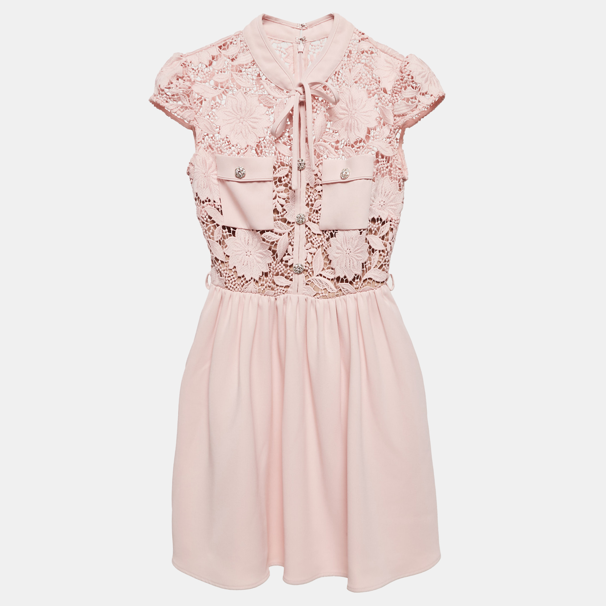 

Self-Portrait Pink Floral Guipure Lace and Crepe Mini Dress XS