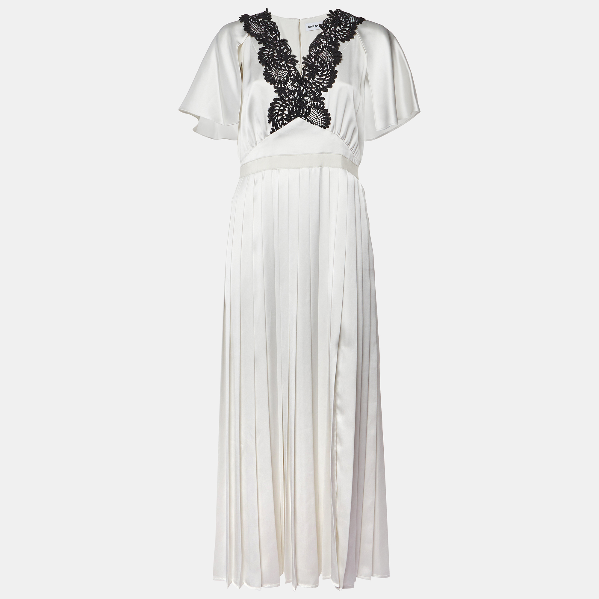 

Self-Portrait White Lace Trim Satin Pleated Maxi Dress M