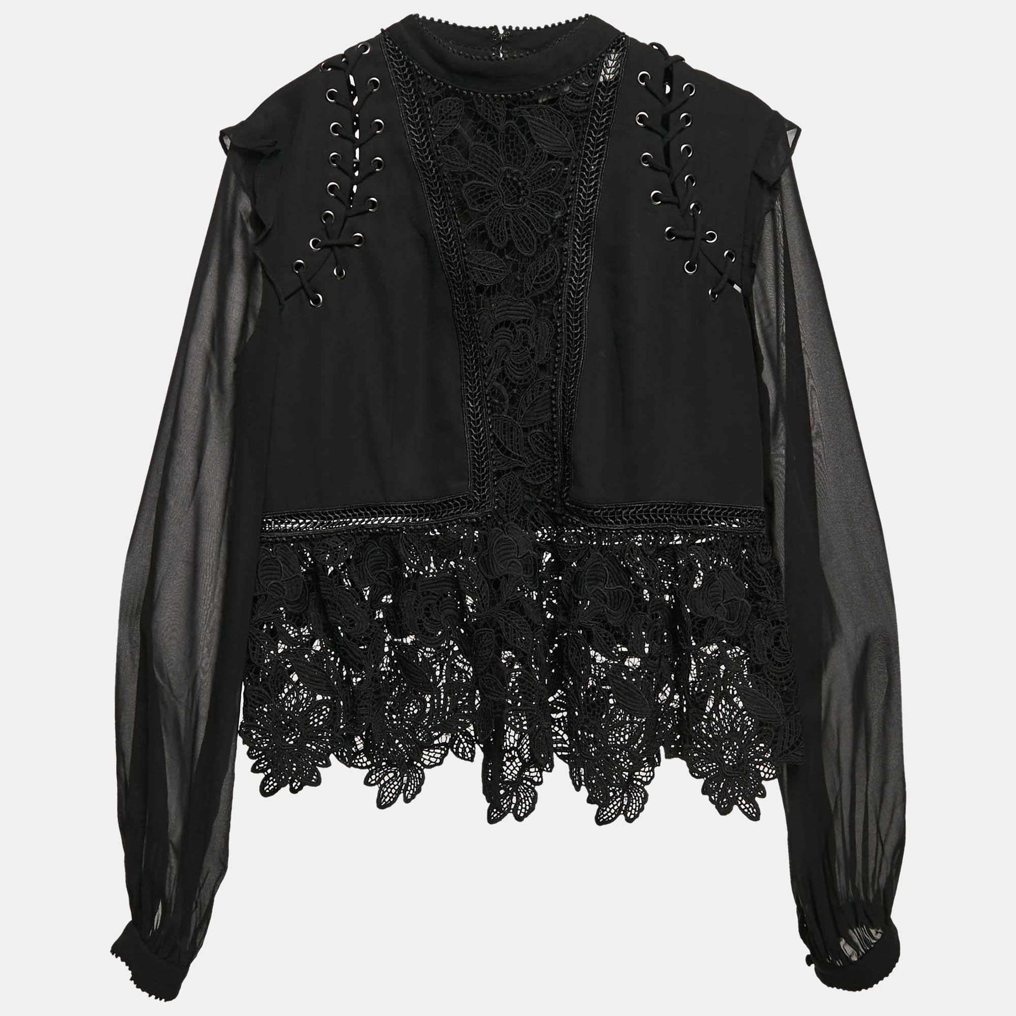 

Self-Portrait Black Lace & Crepe Lace-Up Detail Blouse M