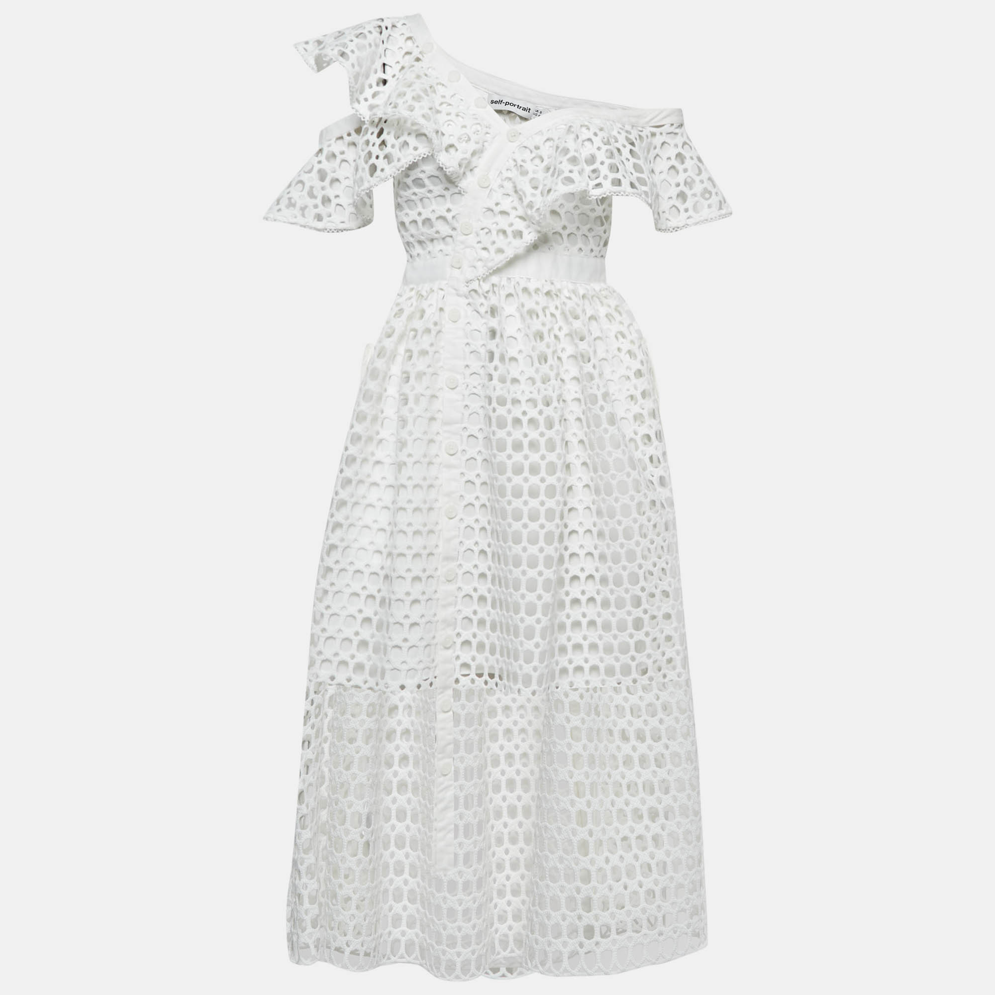 

Self-Portrait White Guipure Lace Ruffled Midi Dress S