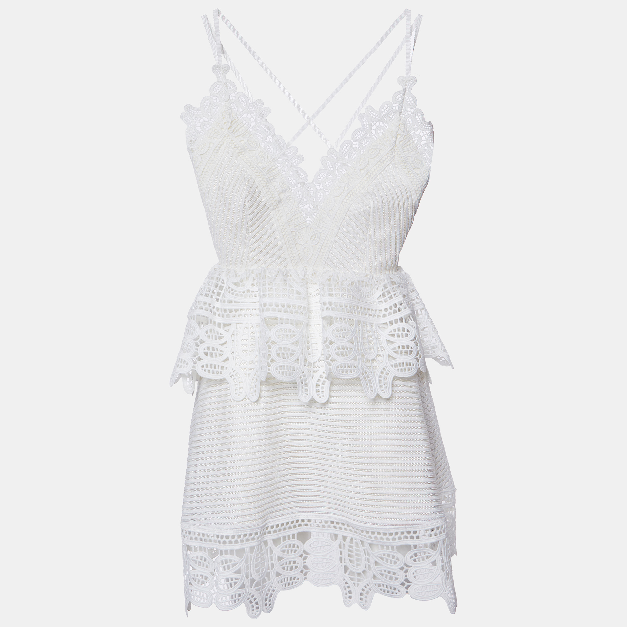 

Self-Portrait White Guipure Lace Sleeveless Mini Peplum Dress S