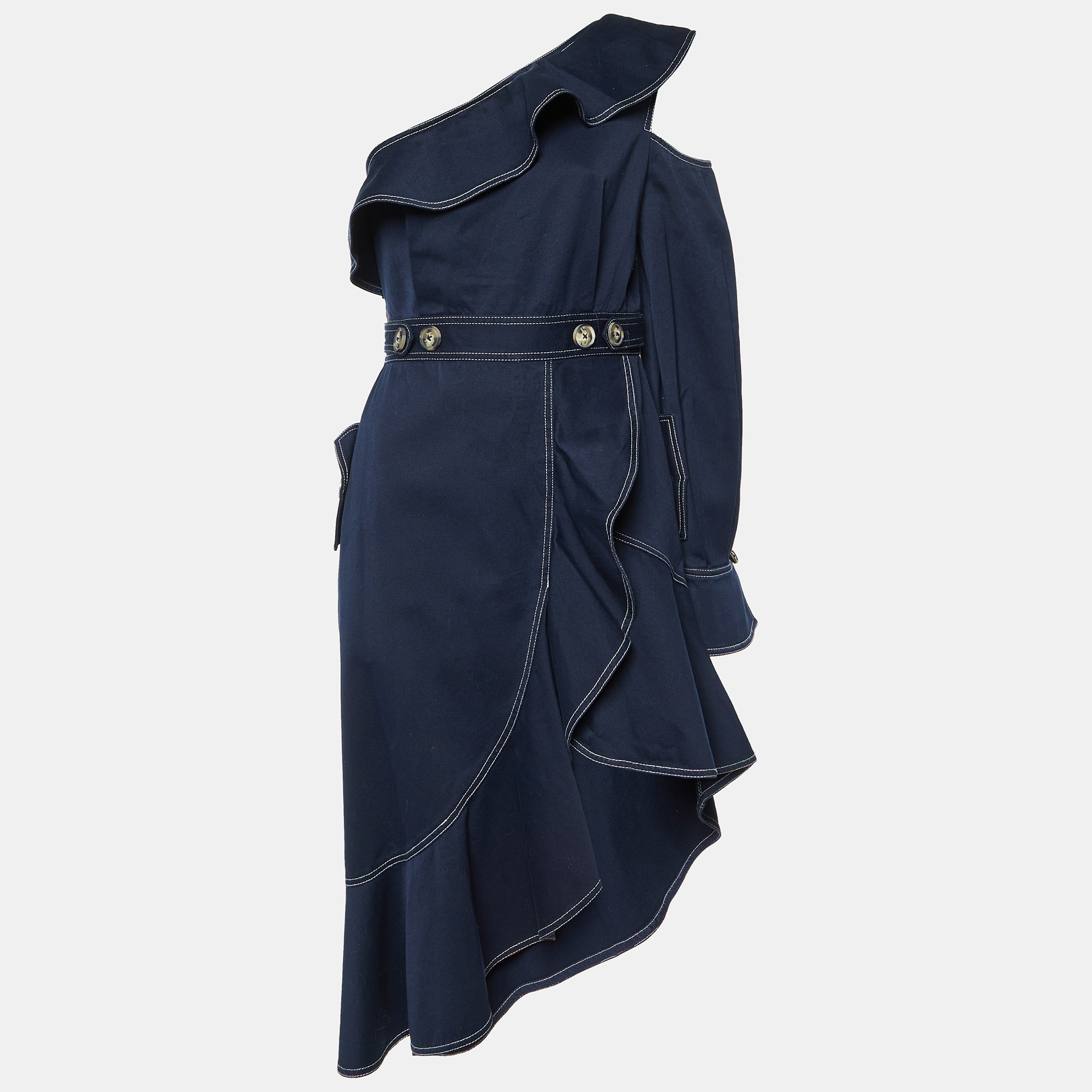 

Self-Portrait Navy Blue Canvas Asymmetric Ruffled Dress M