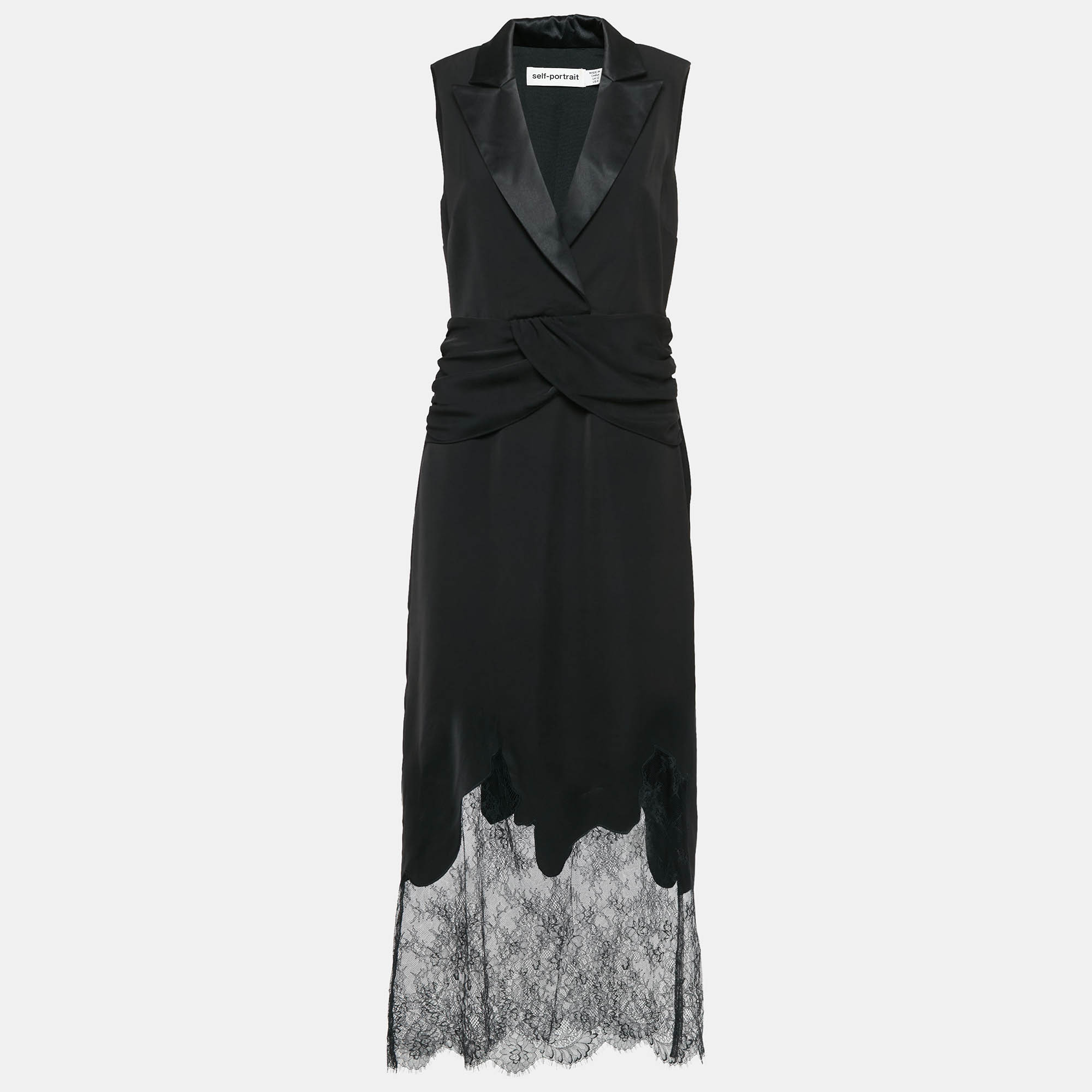 

Self-Portrait Black Lace Trim Crepe Sleeveless Tailored Dress M