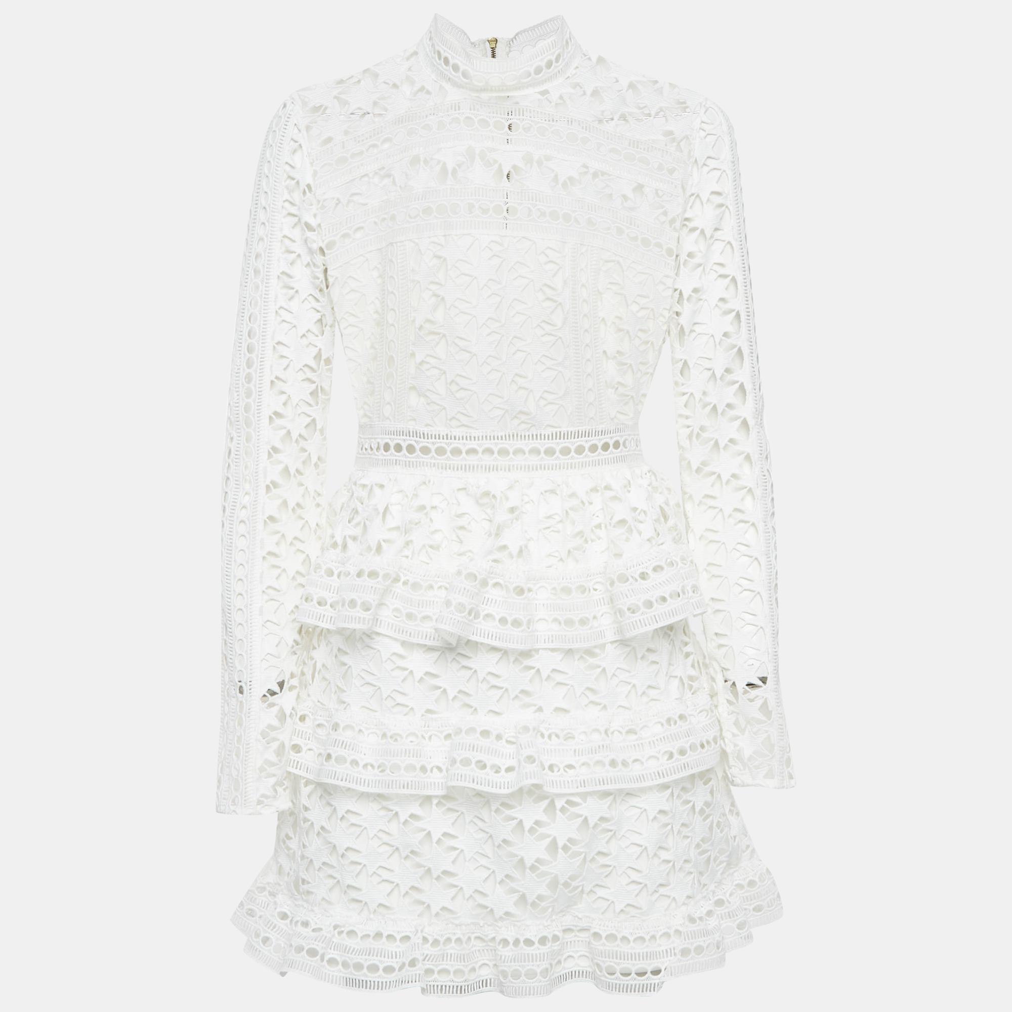 

Self-Portrait White Star Pattern Lace Tiered Mini Dress M