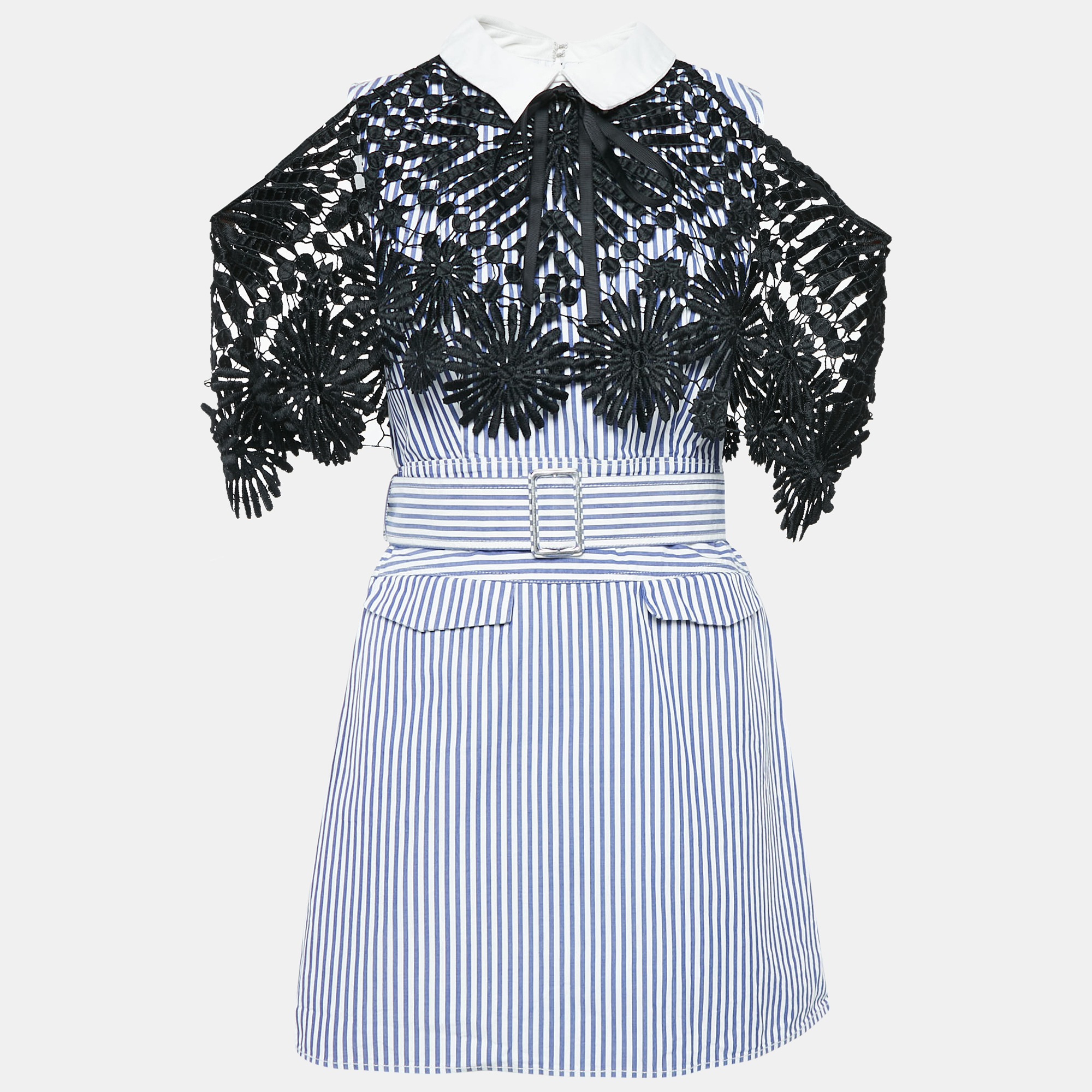 

Self-Portrait White/Blue Stripe Cotton Lace Overlay Detail Mini Dress M