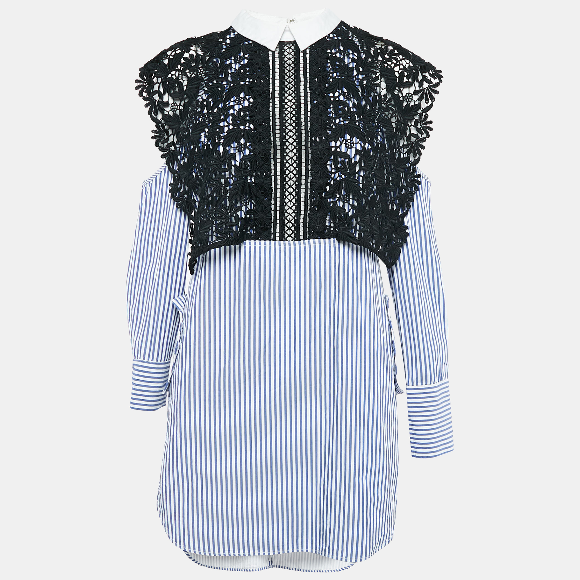 

Self-Portrait White/Blue Stripe Cotton Lace Overlay Detail Short Dress M