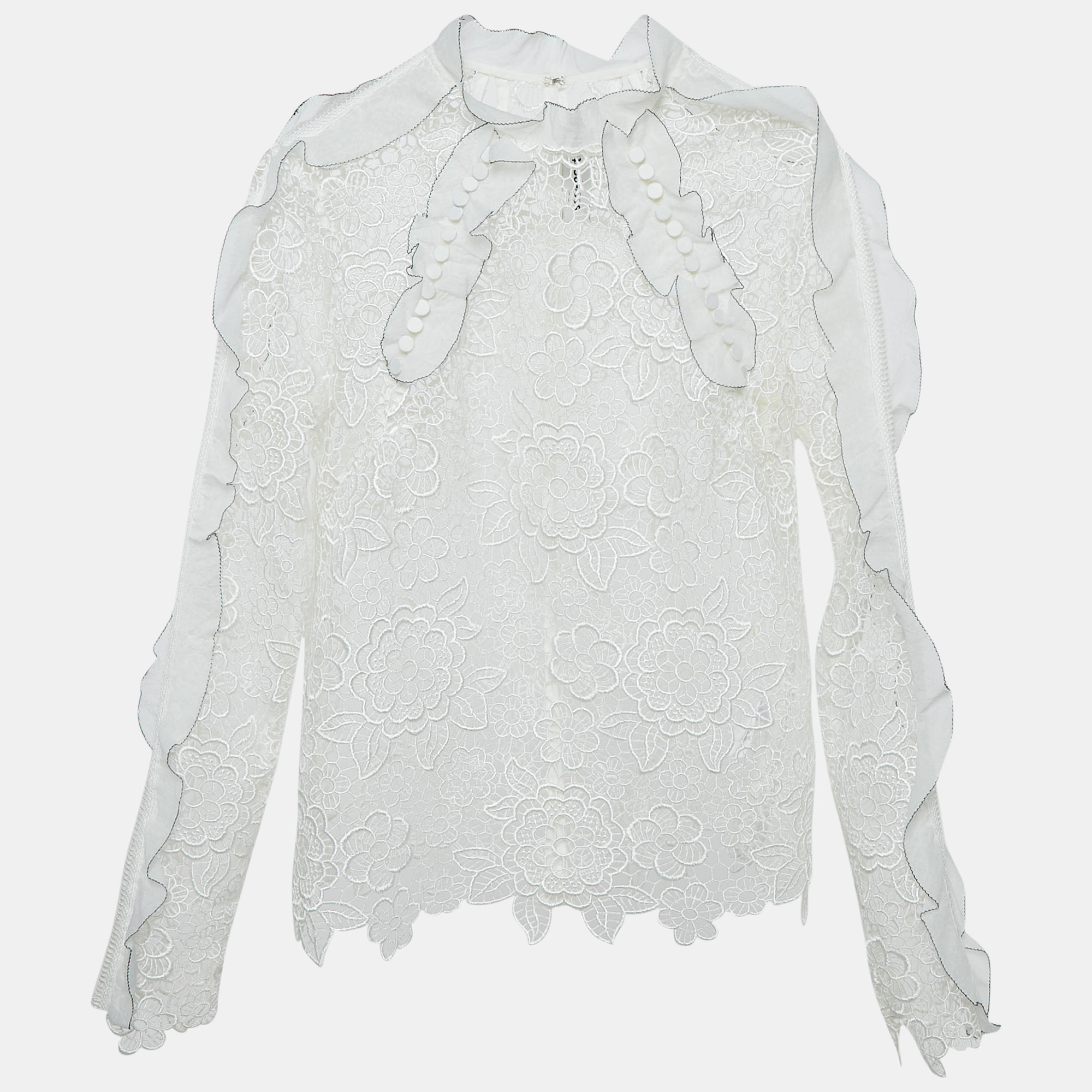 

Self-Portrait White Floral Guipure Lace Ruffled Full Sleeve Top M