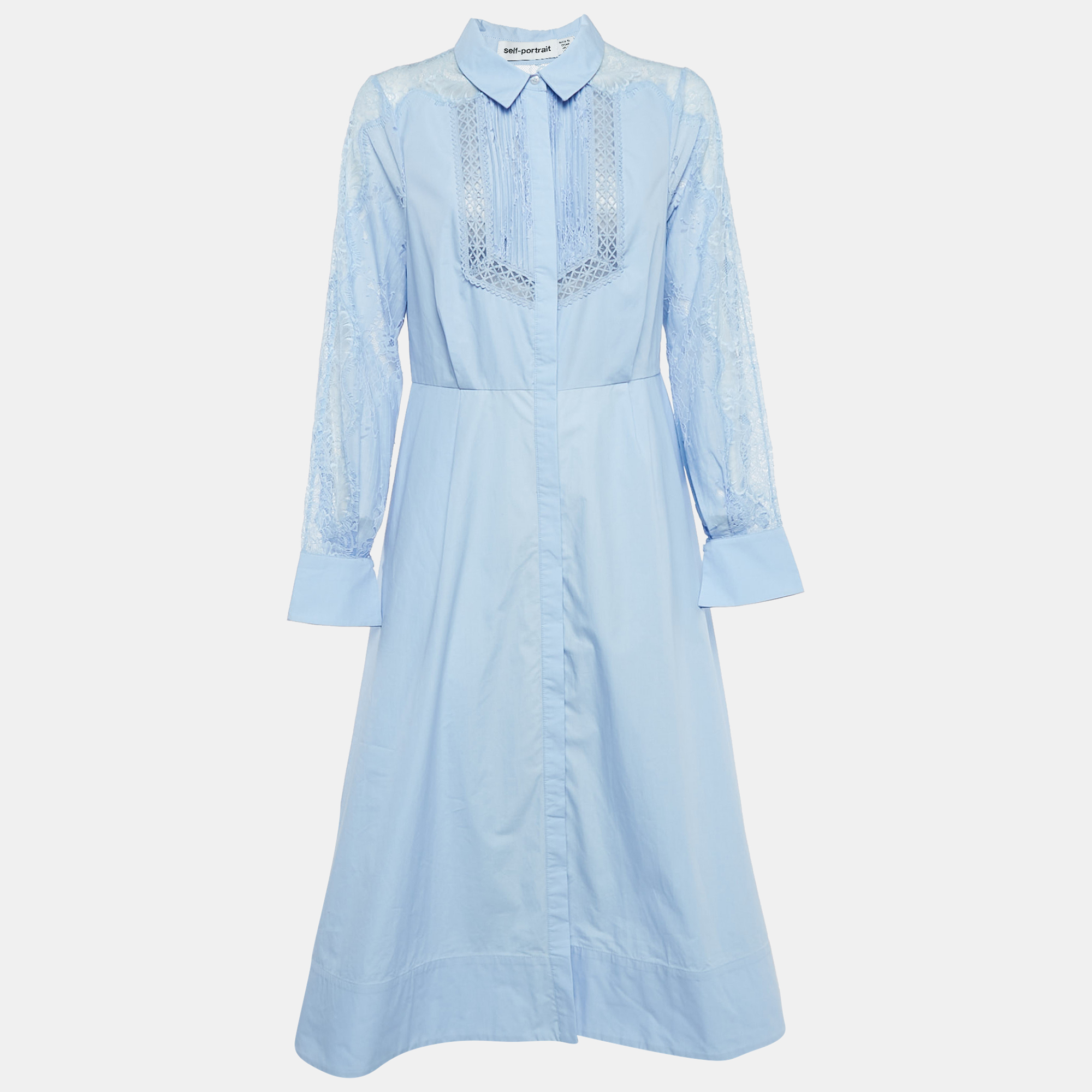 

Self-Portrait Blue Cotton Lace Panel Detail Midi Shirt Dress S