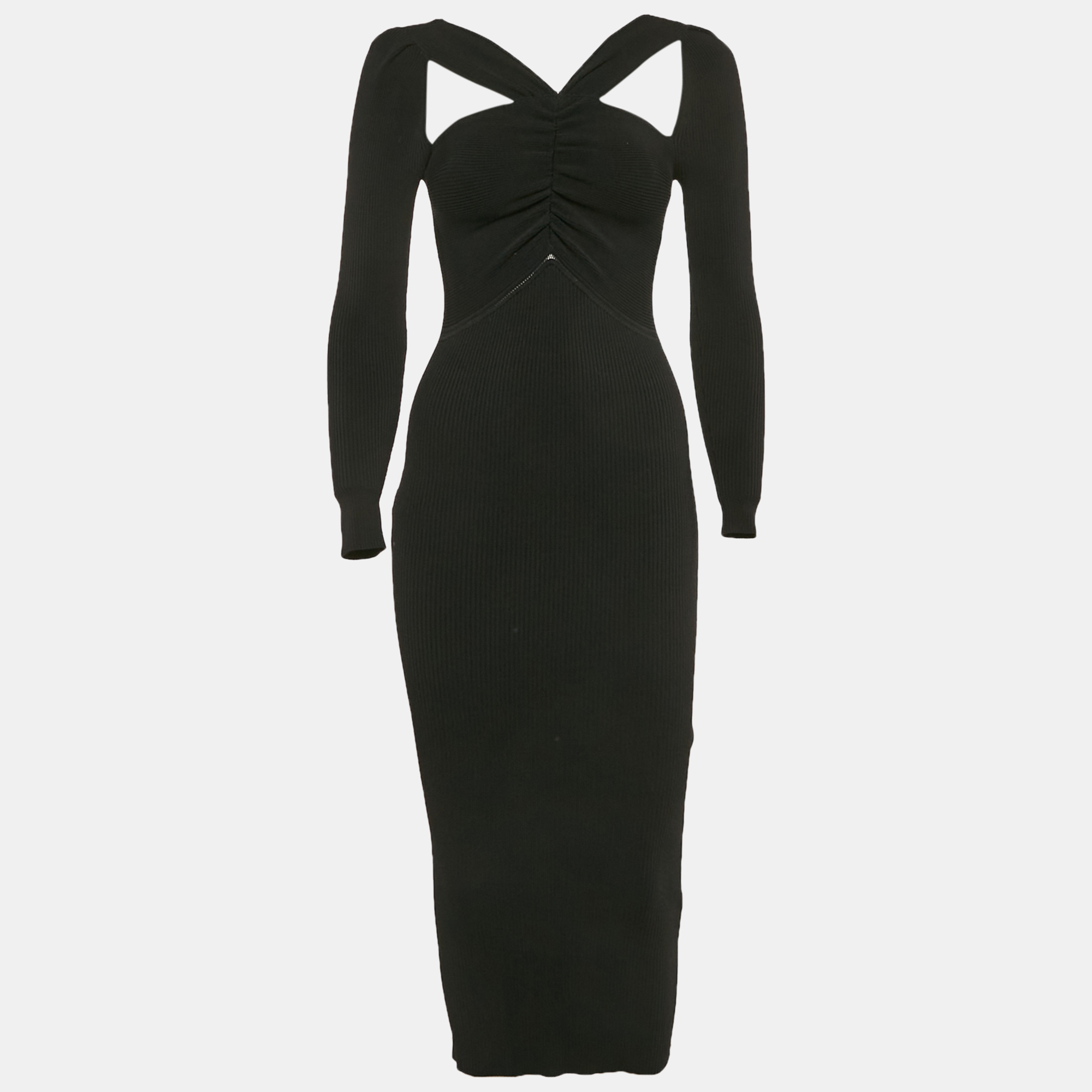 

Self-Portrait Black Rib Knit Cut-Out Ruched Midi Dress S