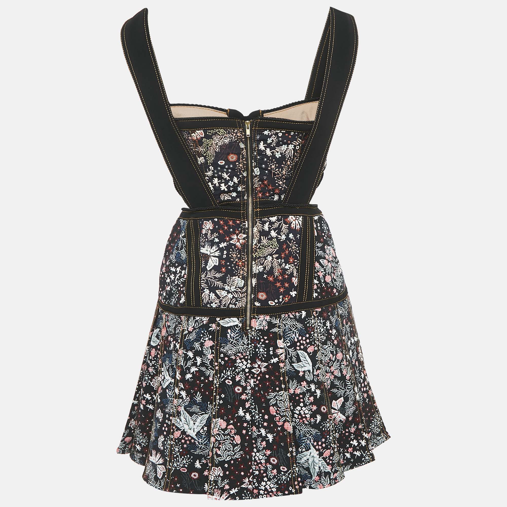 Self-Portrait Black/Multicolor Jacquard Cut-Out Detail Sleeveless Mini Dress S 