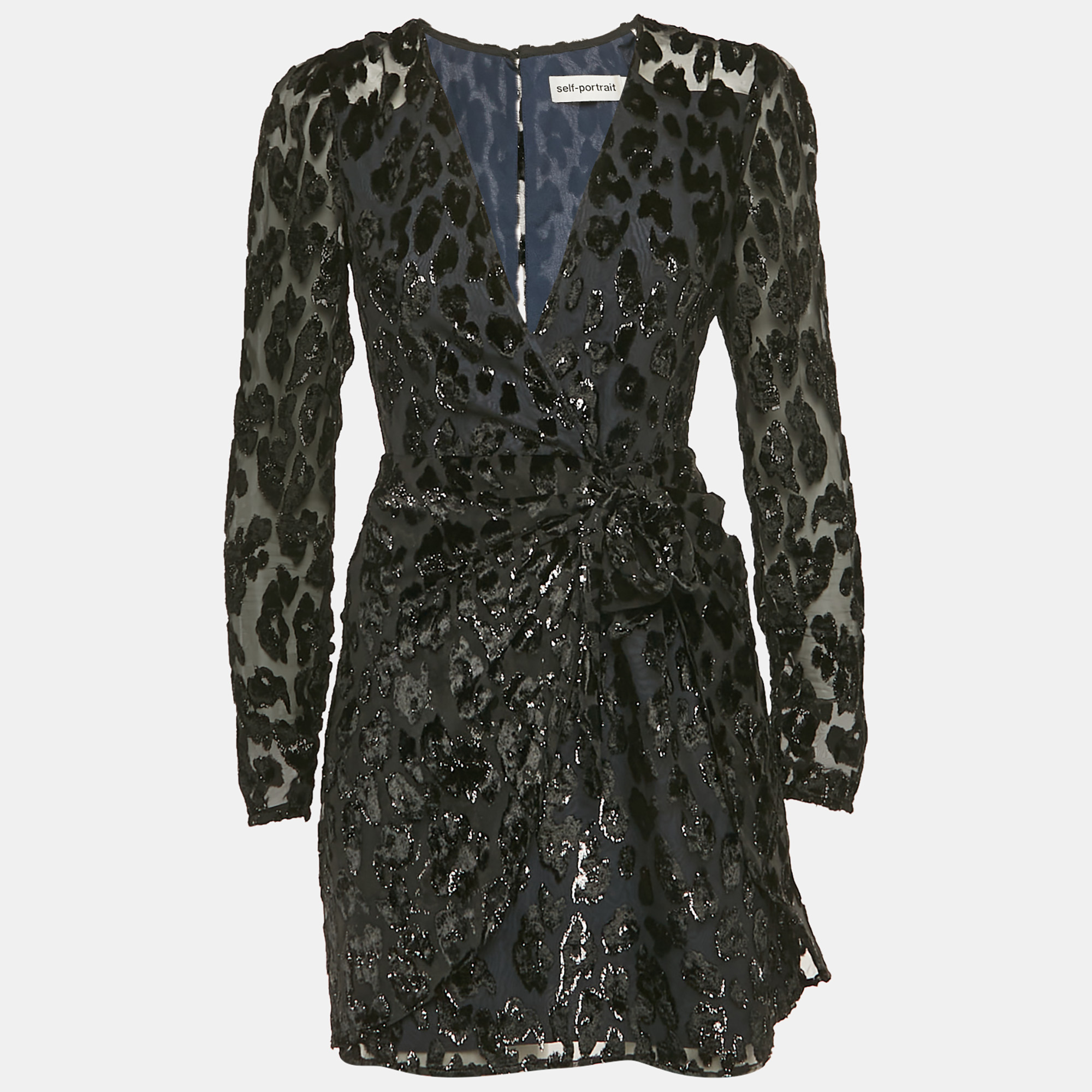 

Self-Portrait Black Metallic Leopard Flocked Chiffon Mini Dress S