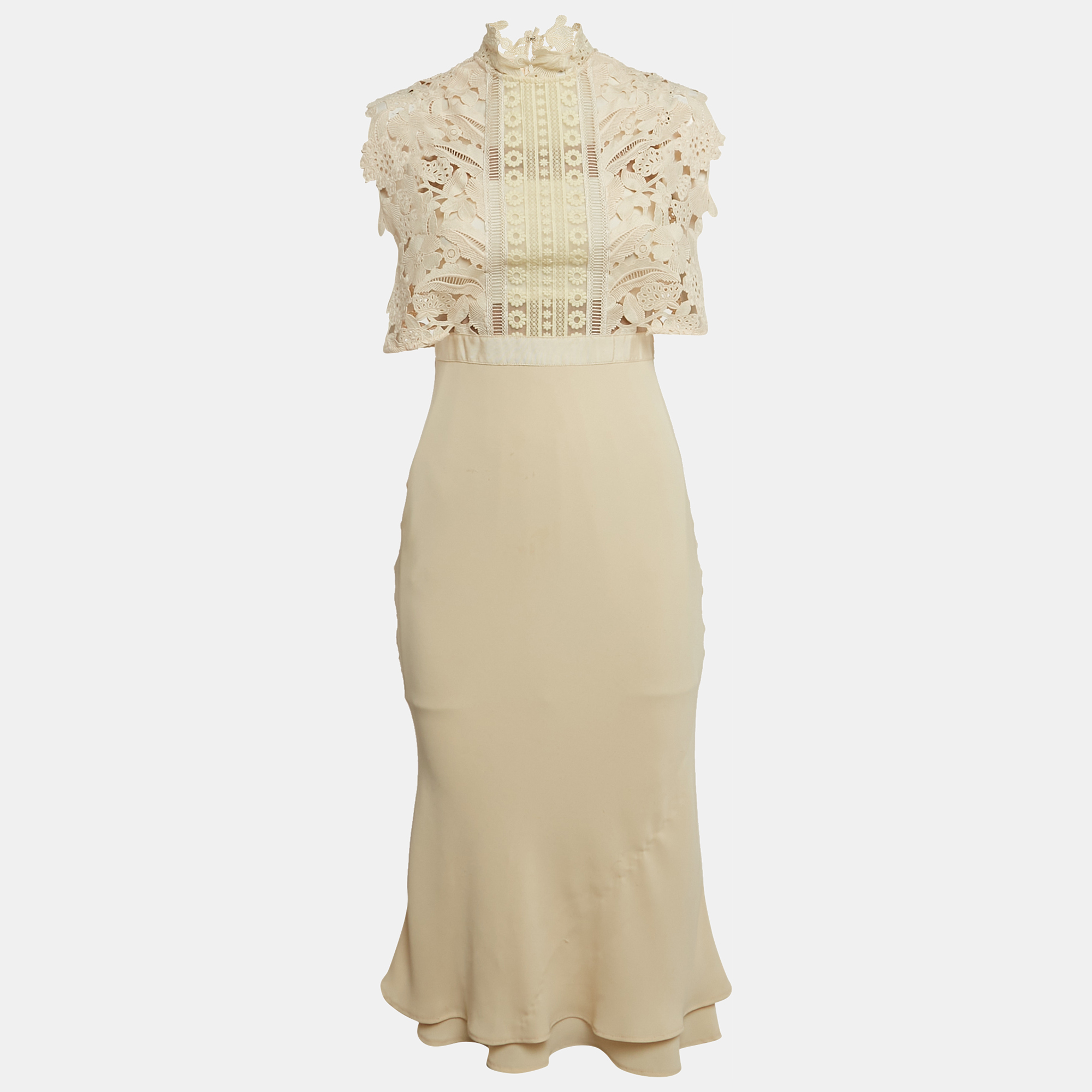 

Self-Portrait Beige Lace Trim Crepe Midi Dress S