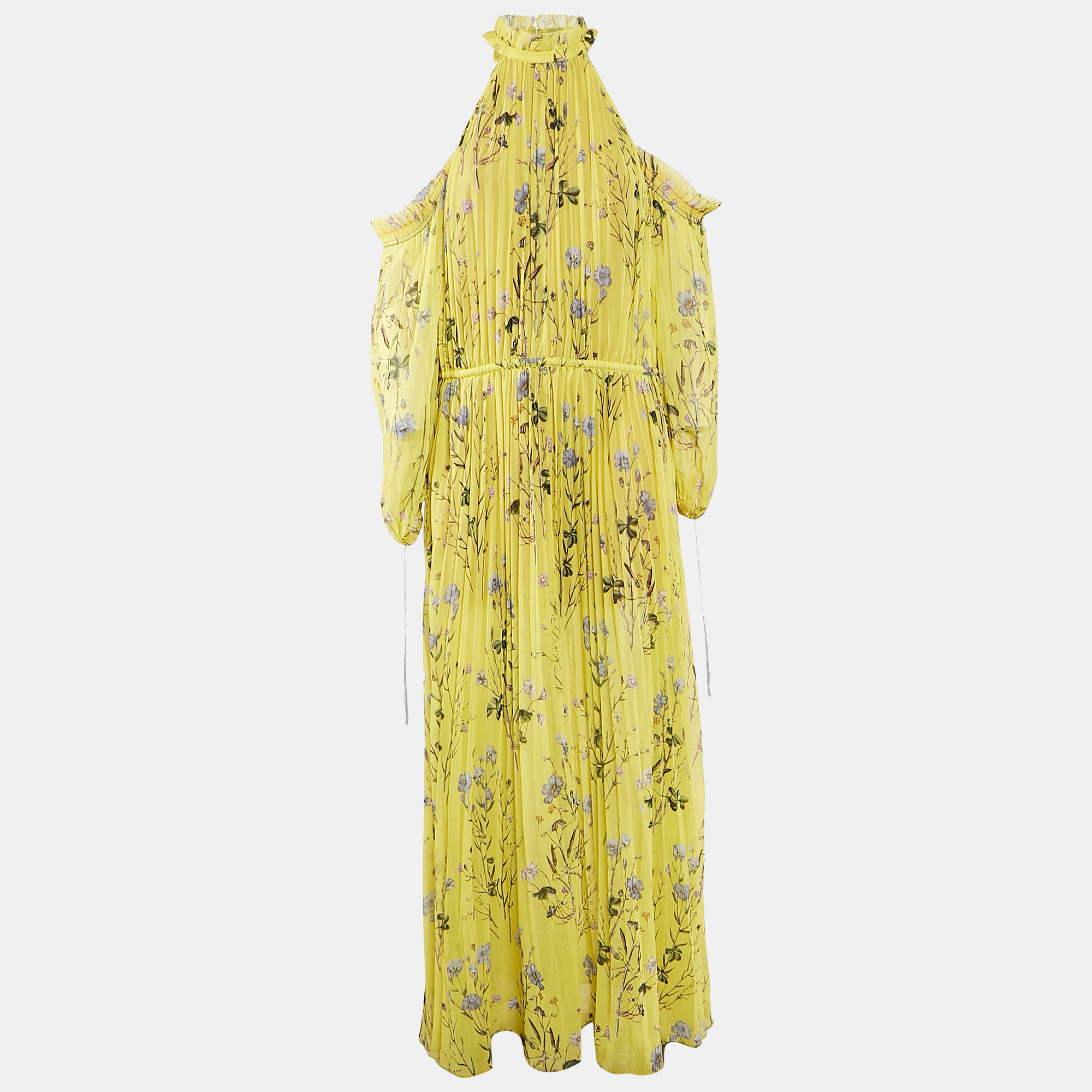 

Self-Portrait Yellow Floral Print Chiffon Plisse Cold-Shoulder Maxi Dress S