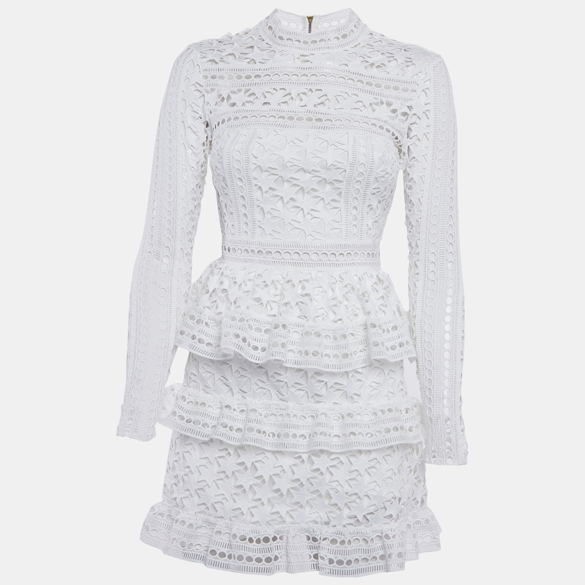 

Self-Portrait White Guipure Lace Tiered Mini Dress S