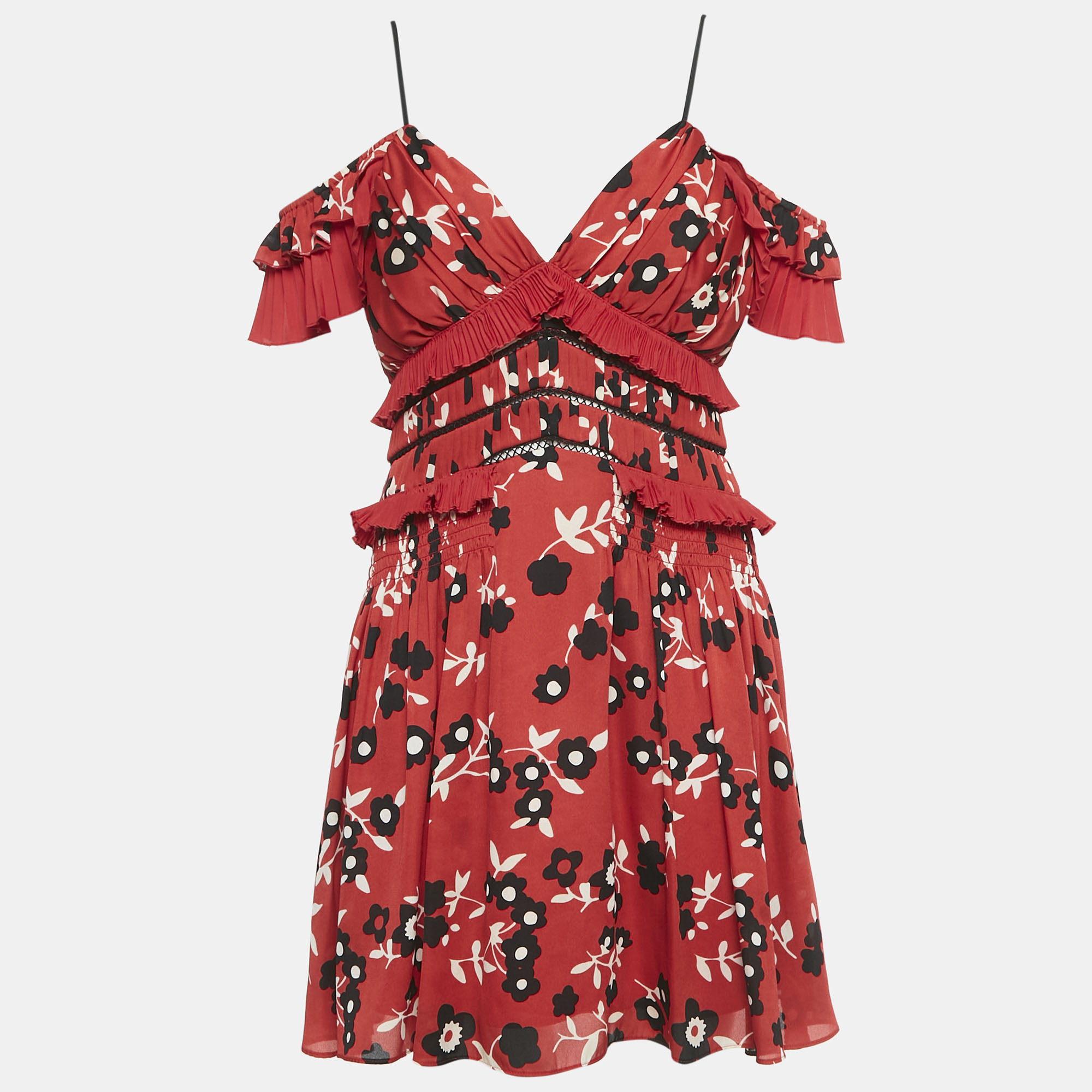 

Self-Portrait Red Floral Print Crepe Off-Shoulder Ruffled Mini Dress M