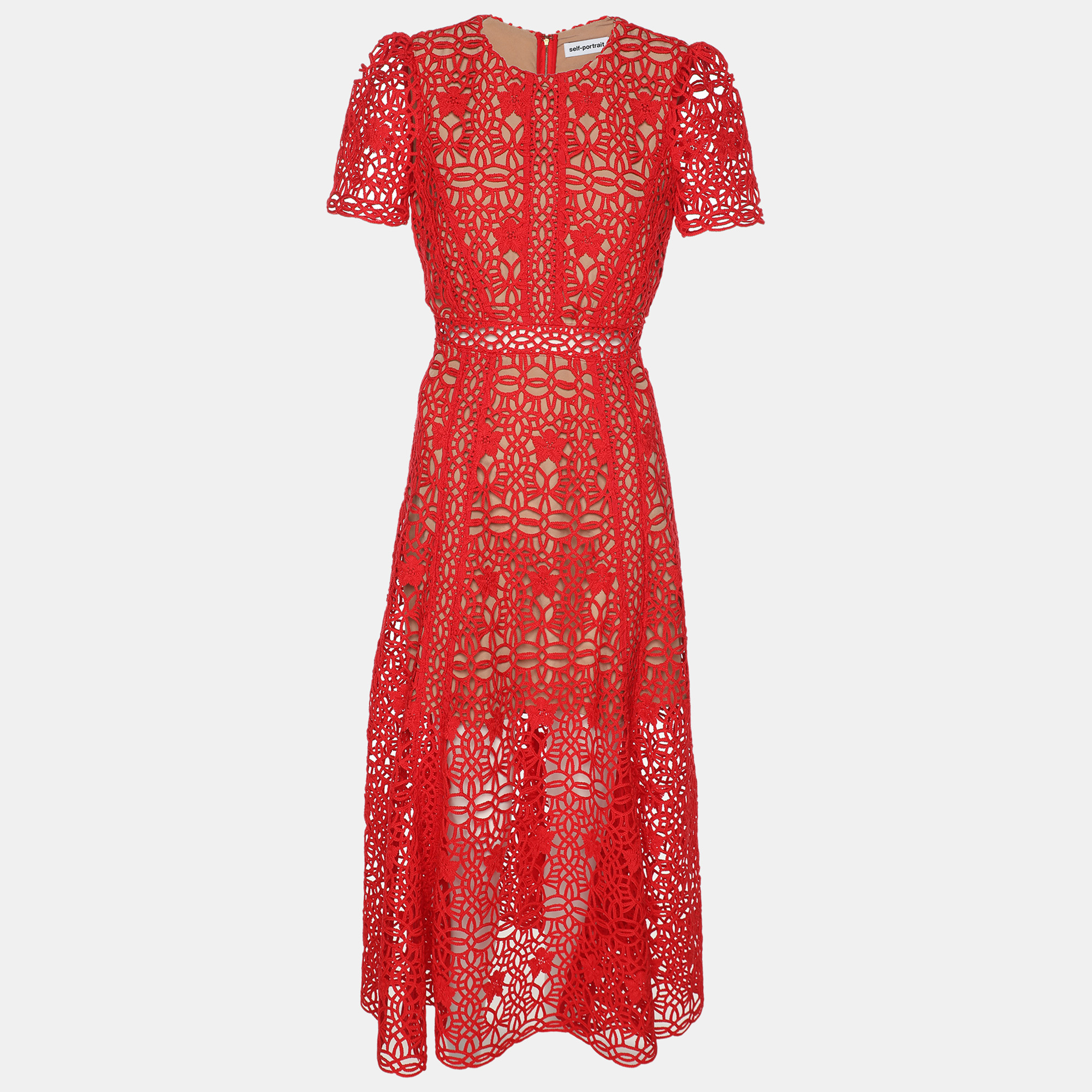 

Self-Portrait Red Lace Guipure Midi Dress S