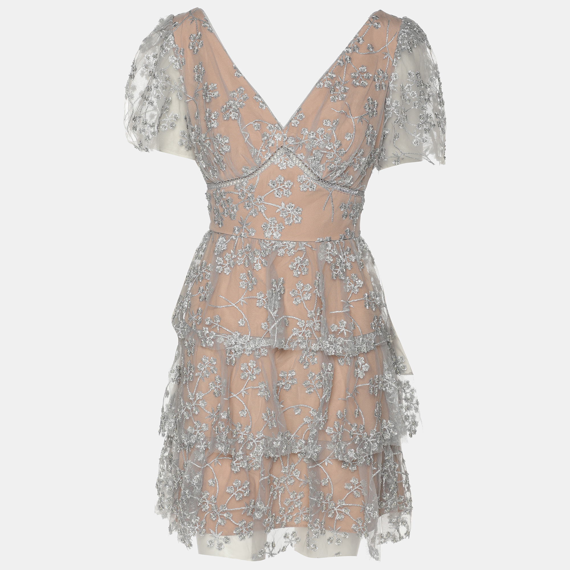 

Self Portrait Grey/Beige Mesh Embroidered Blossom Tiered Mini Dress S