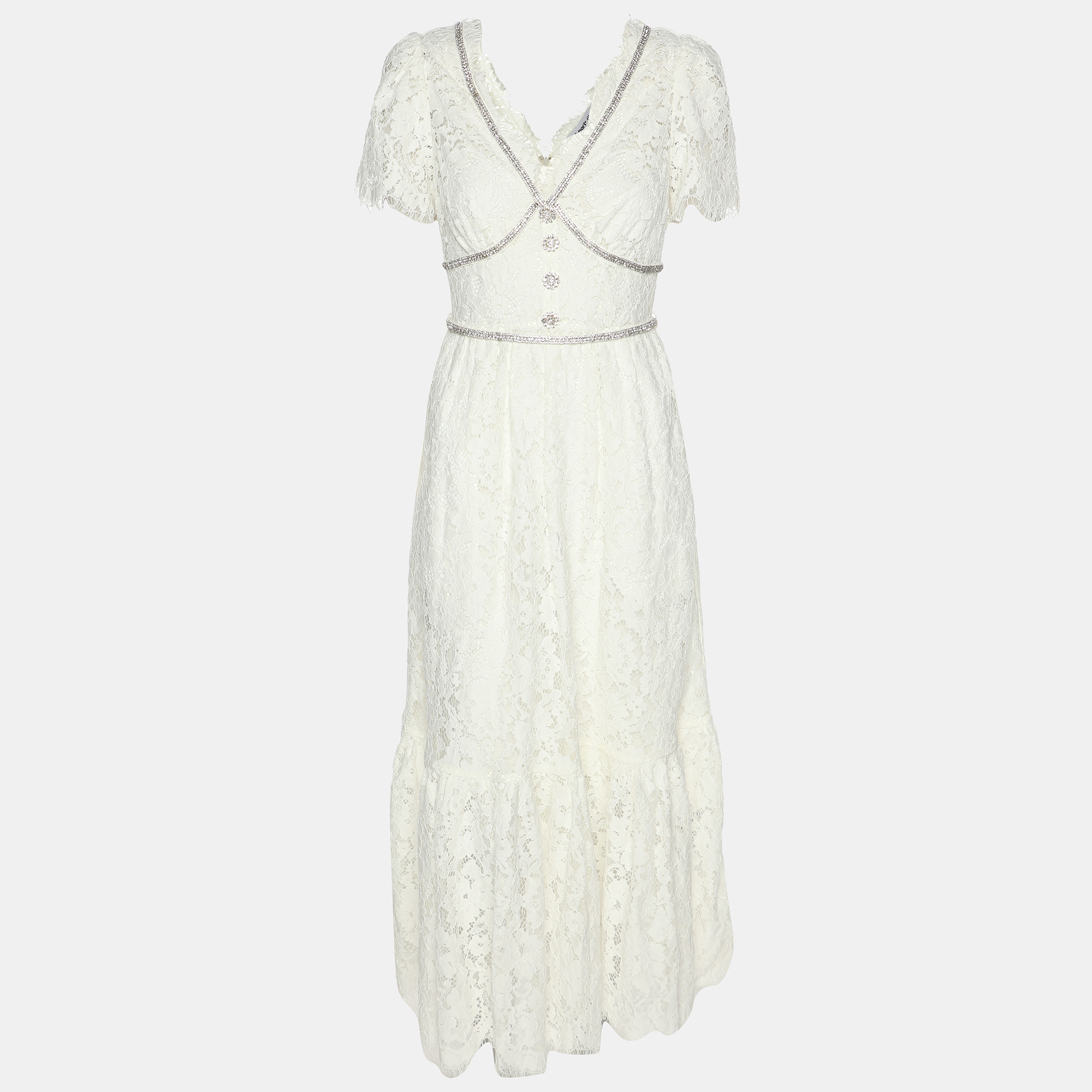 

Self Portrait Ivory Lace Diamante Trim Midi Dress S, White