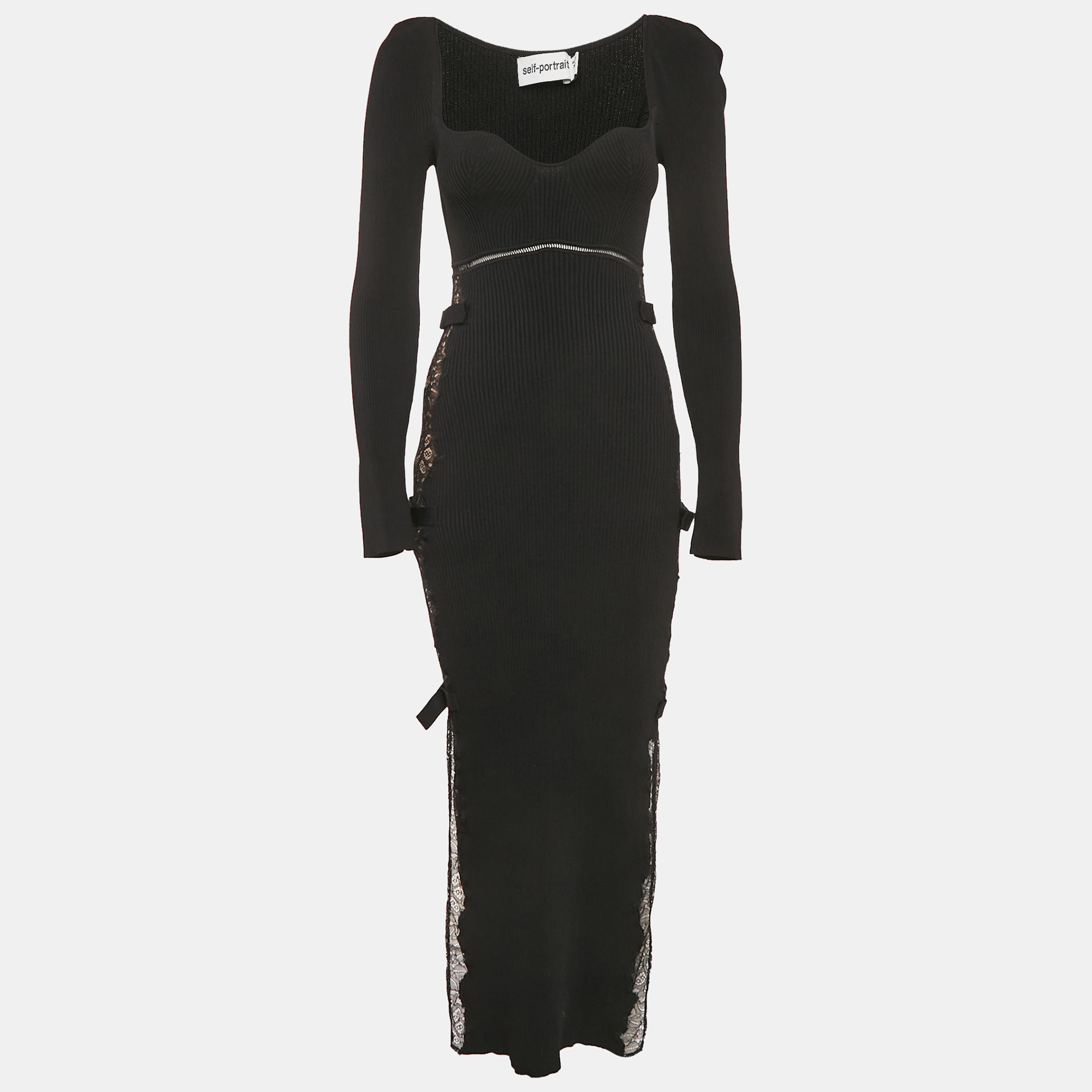 

Self-Portrait Black Rib Knit and Lace Midi Dress M