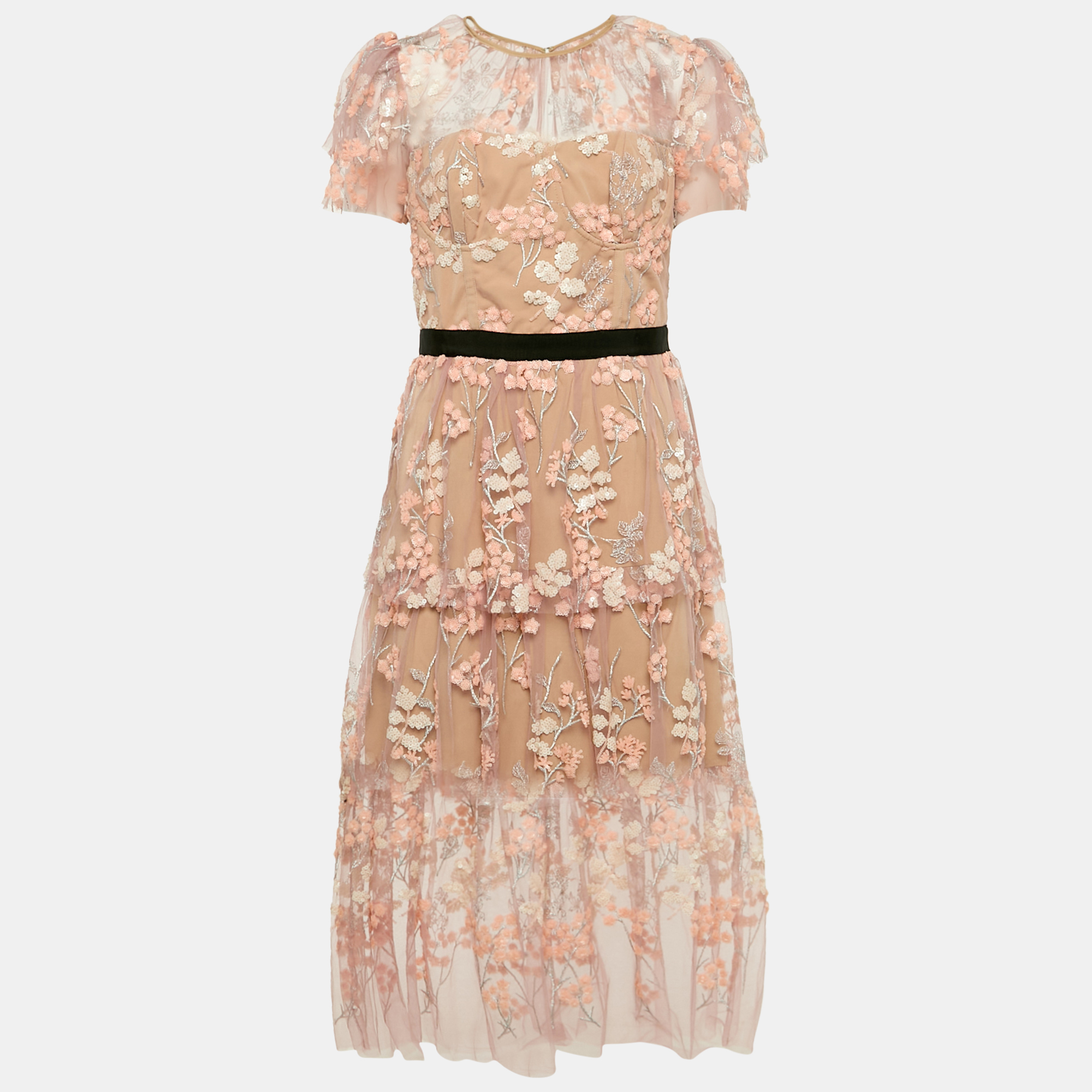 

Self-Portrait Light Pink Embroidered Tulle Tiered Midi Dress M