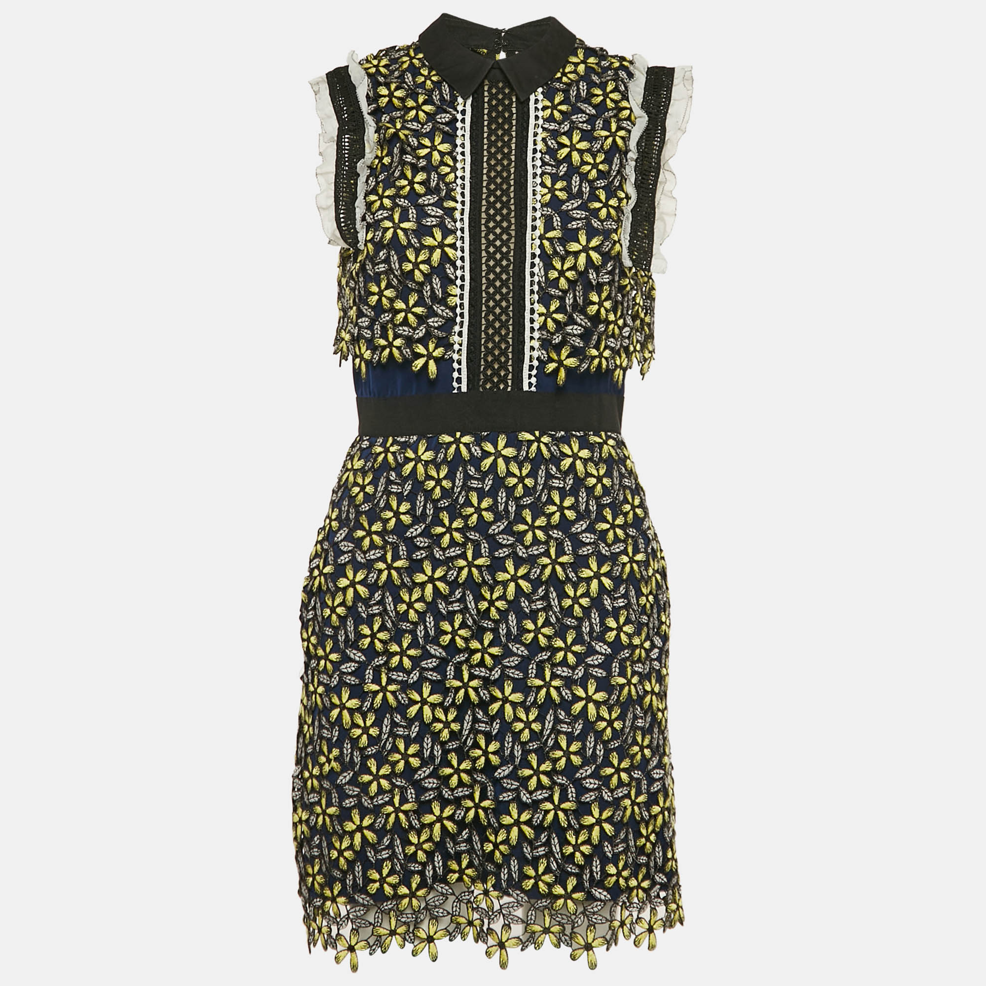 

Self-Portrait Blue/Yellow Floral Lace Open Back Mini Dress S