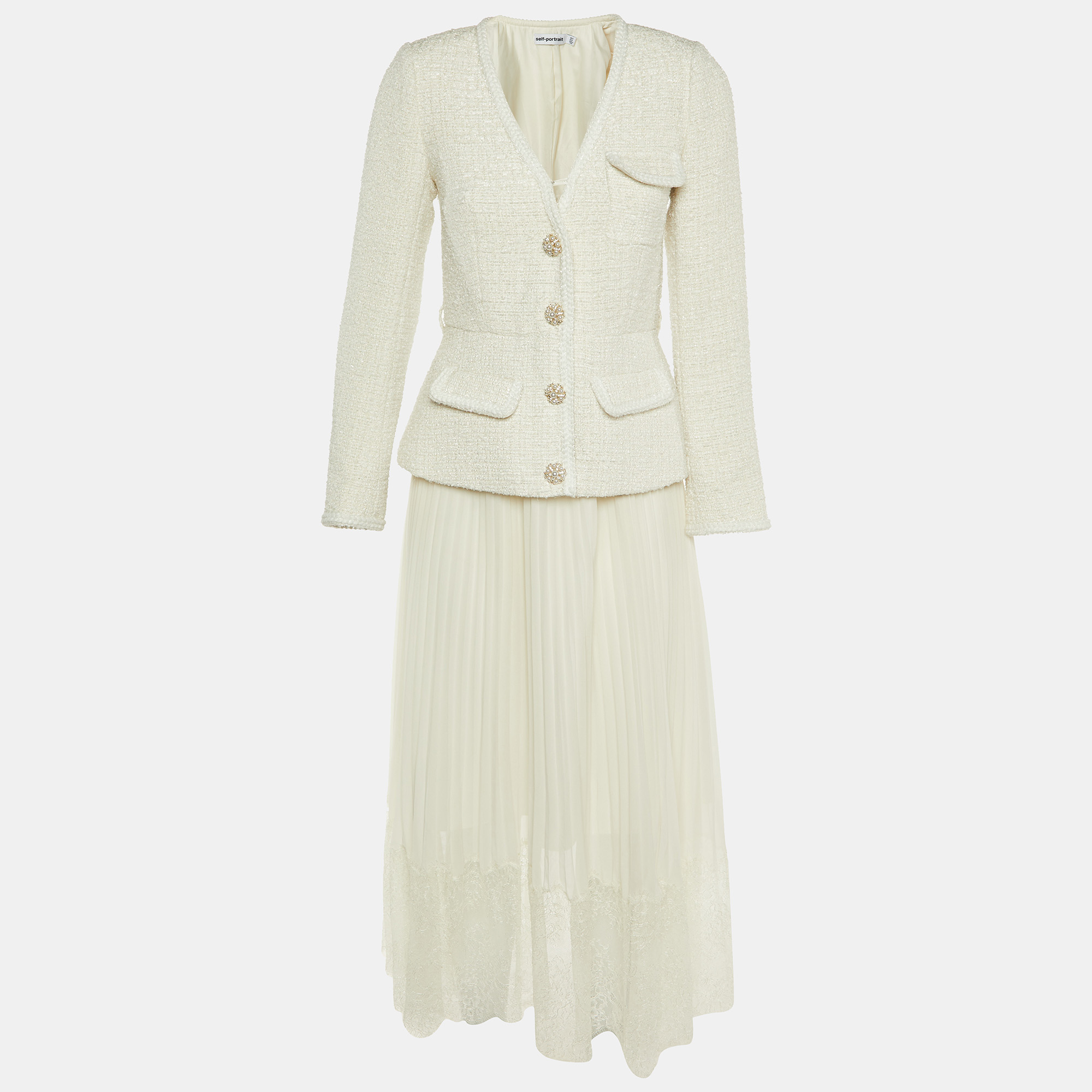 

Self-Portrait White Tweed & Crepe Tailored Midi Dress S