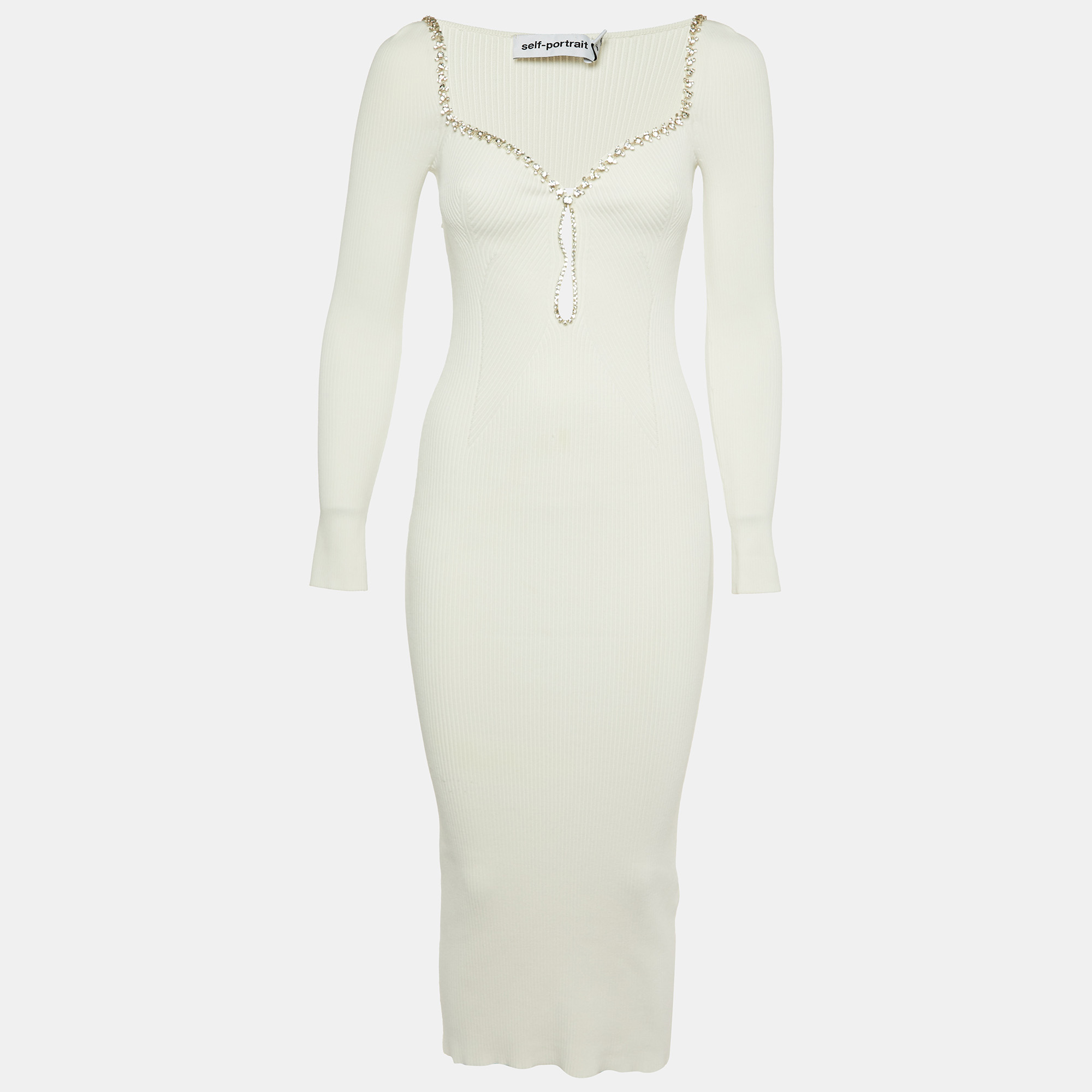 

Self-Portrait White Knit Diamante Midi Dress S
