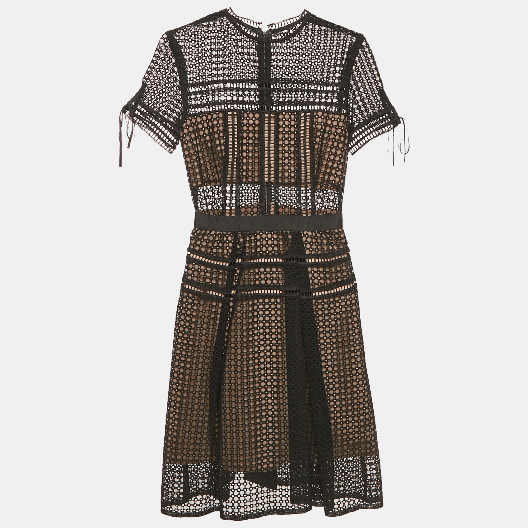 

Self-Portrait Black Patterned Lace Tie-Up Detail Mini Dress S