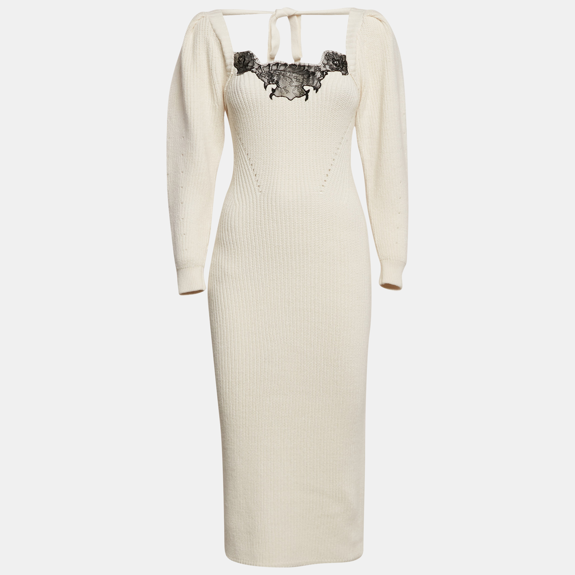 

Self-Portrait Ivory Rib Knit Lace Trim Puff Sleeve Midi Dress S, White