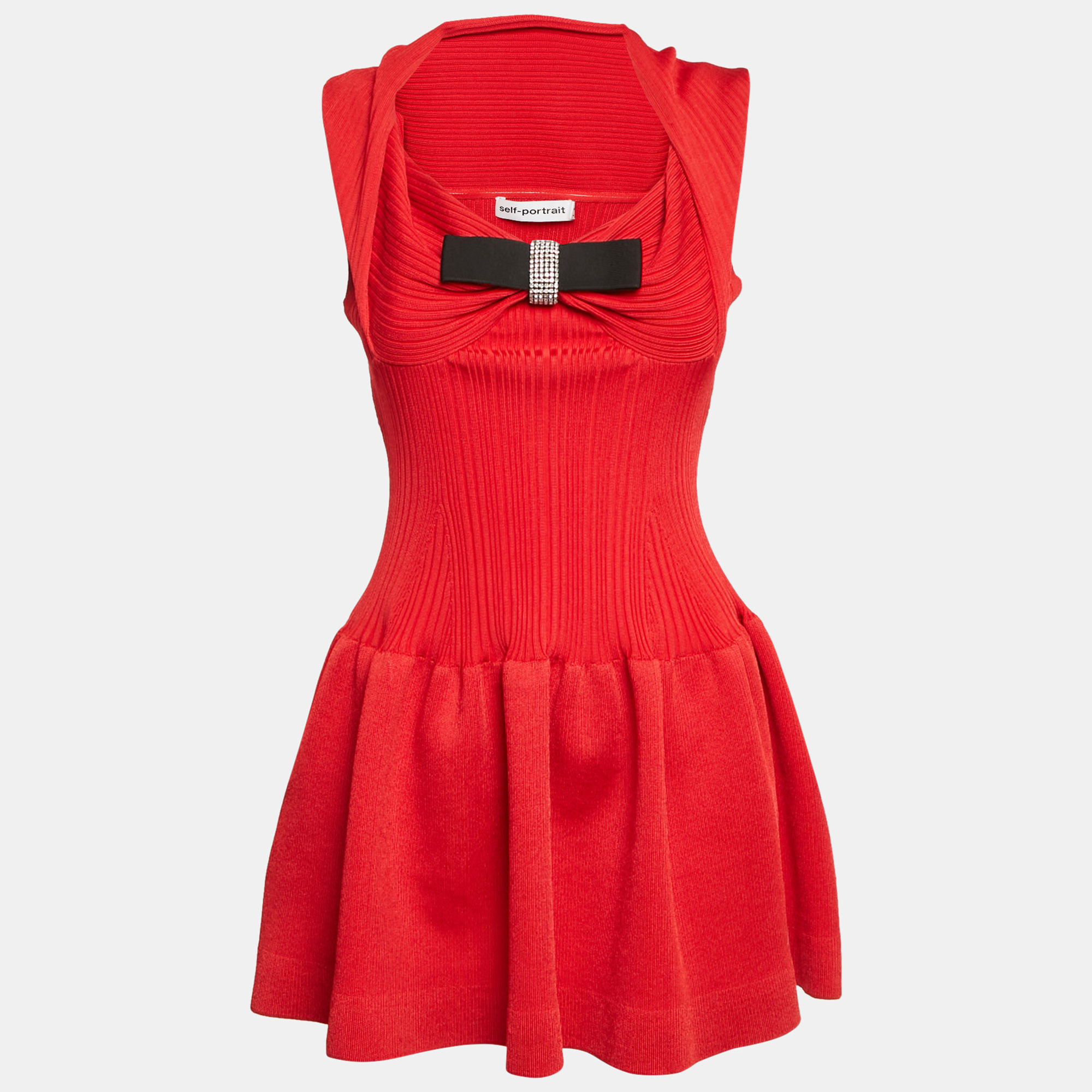 

Self-Portrait Red Rib Knit Bow Detail Sleeveless Mini Dress XS