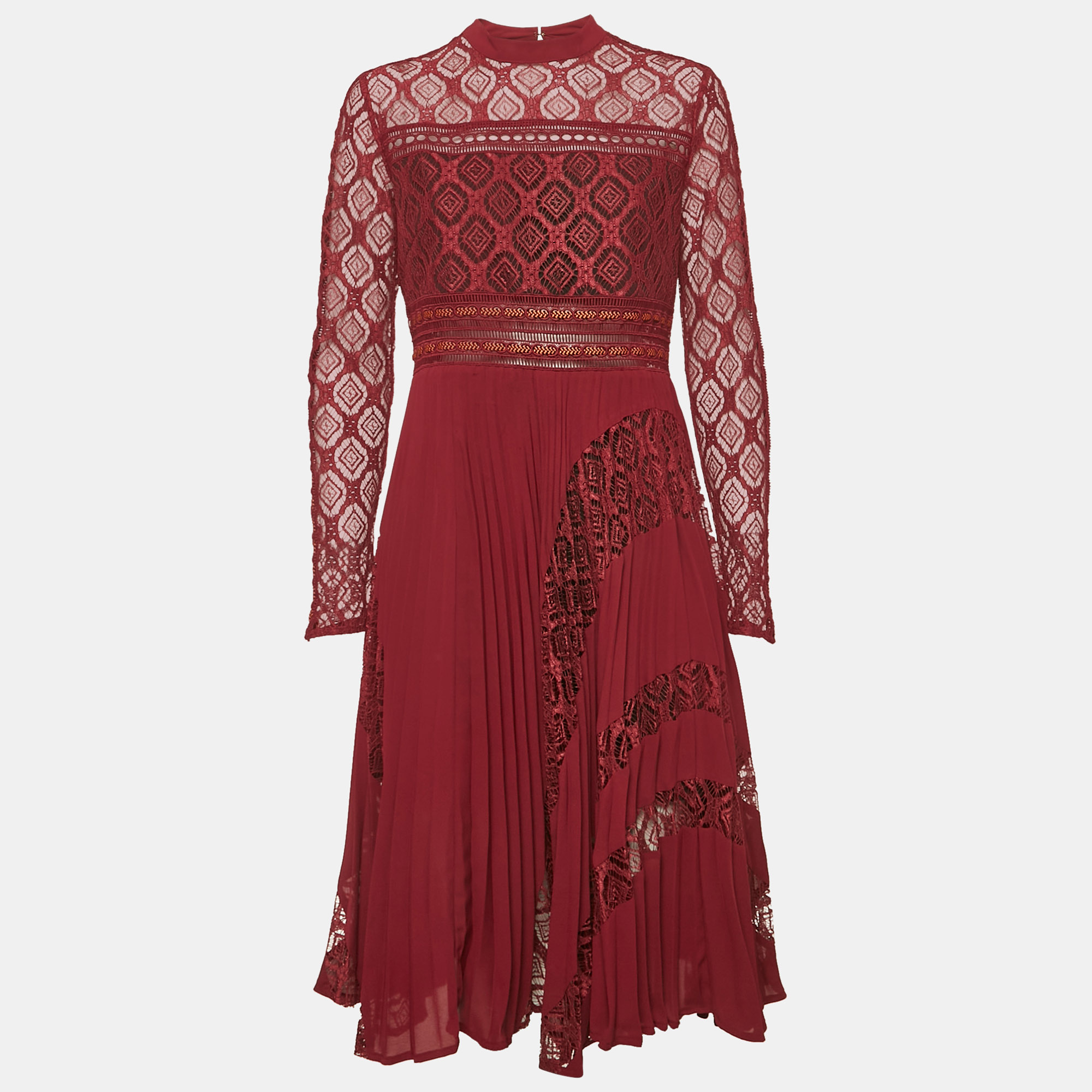 

Self-Portrait Burgundy Lace Paneled Plisse Midi Dress L