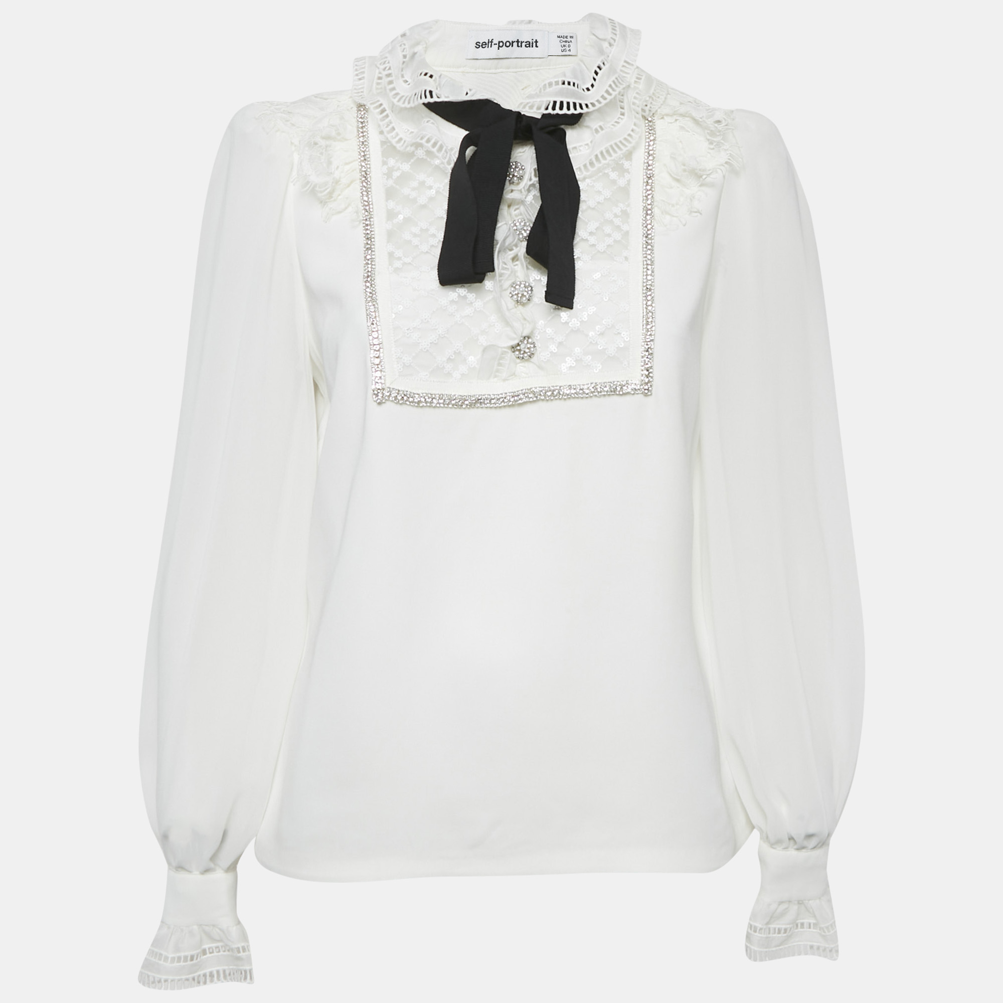 

Self-Portrait White Crepe Frilled Collar Pussy Bow Detail Blouse S