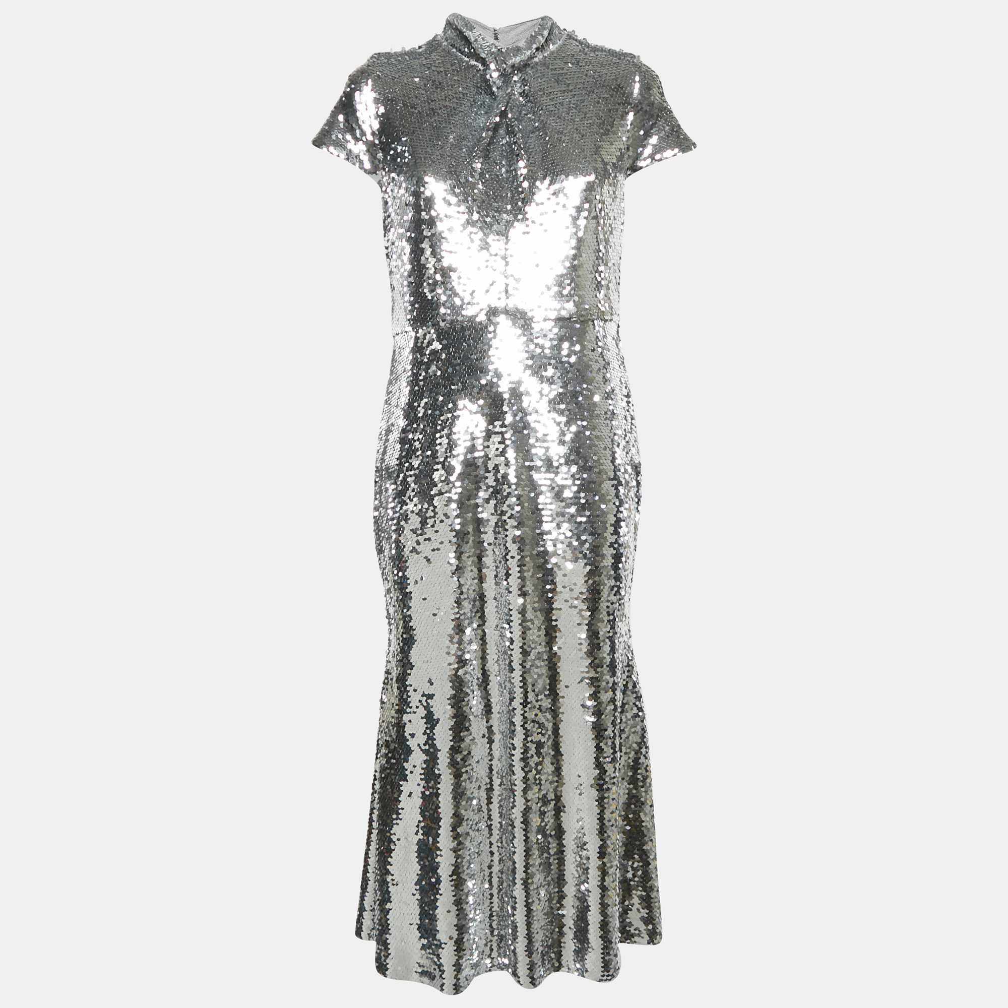 

Self-Portrait Silver Sequin Twist Neck Detail Midi Dress M
