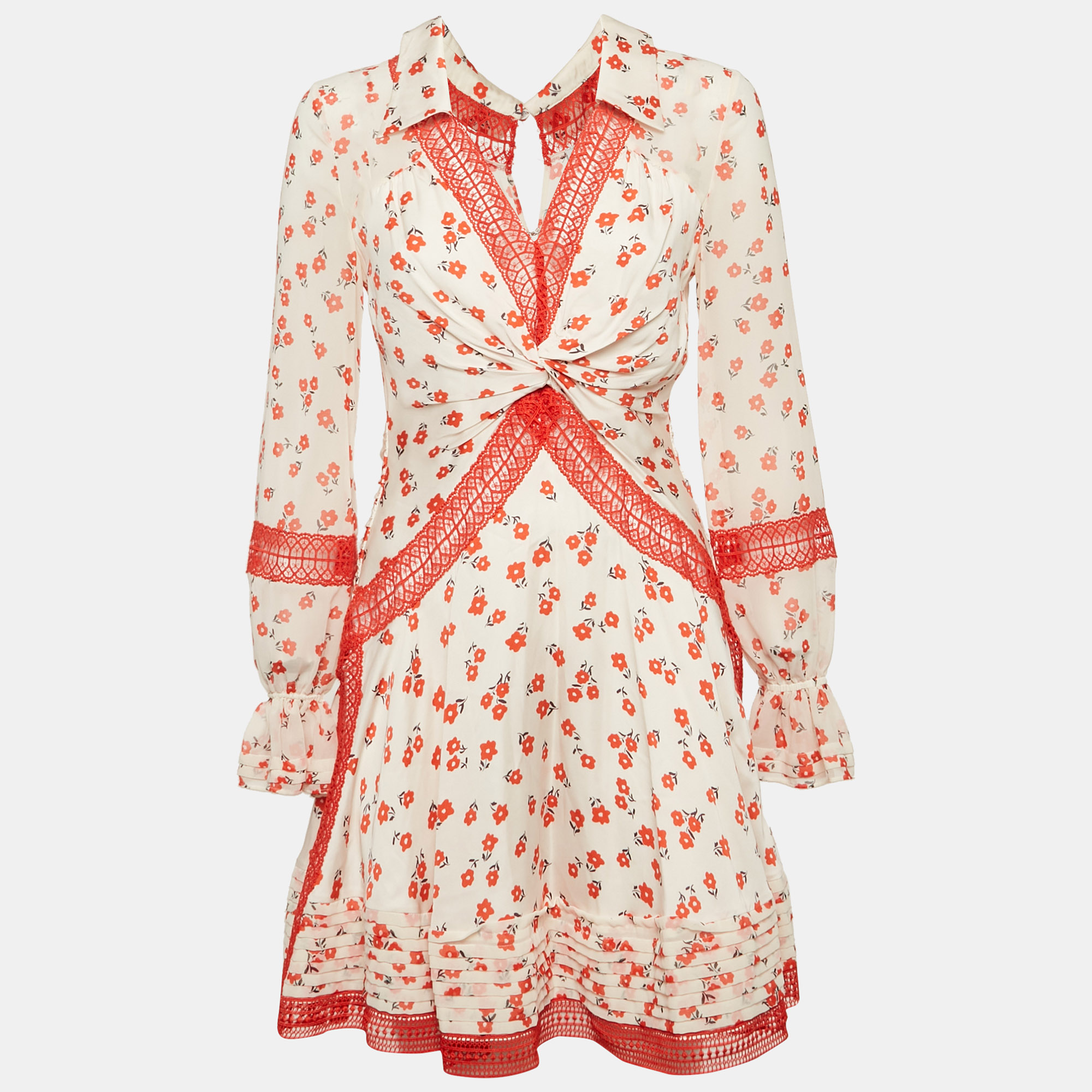 

Self-Portrait White Floral Print Chiffon Lace Inserts Mini Dress S