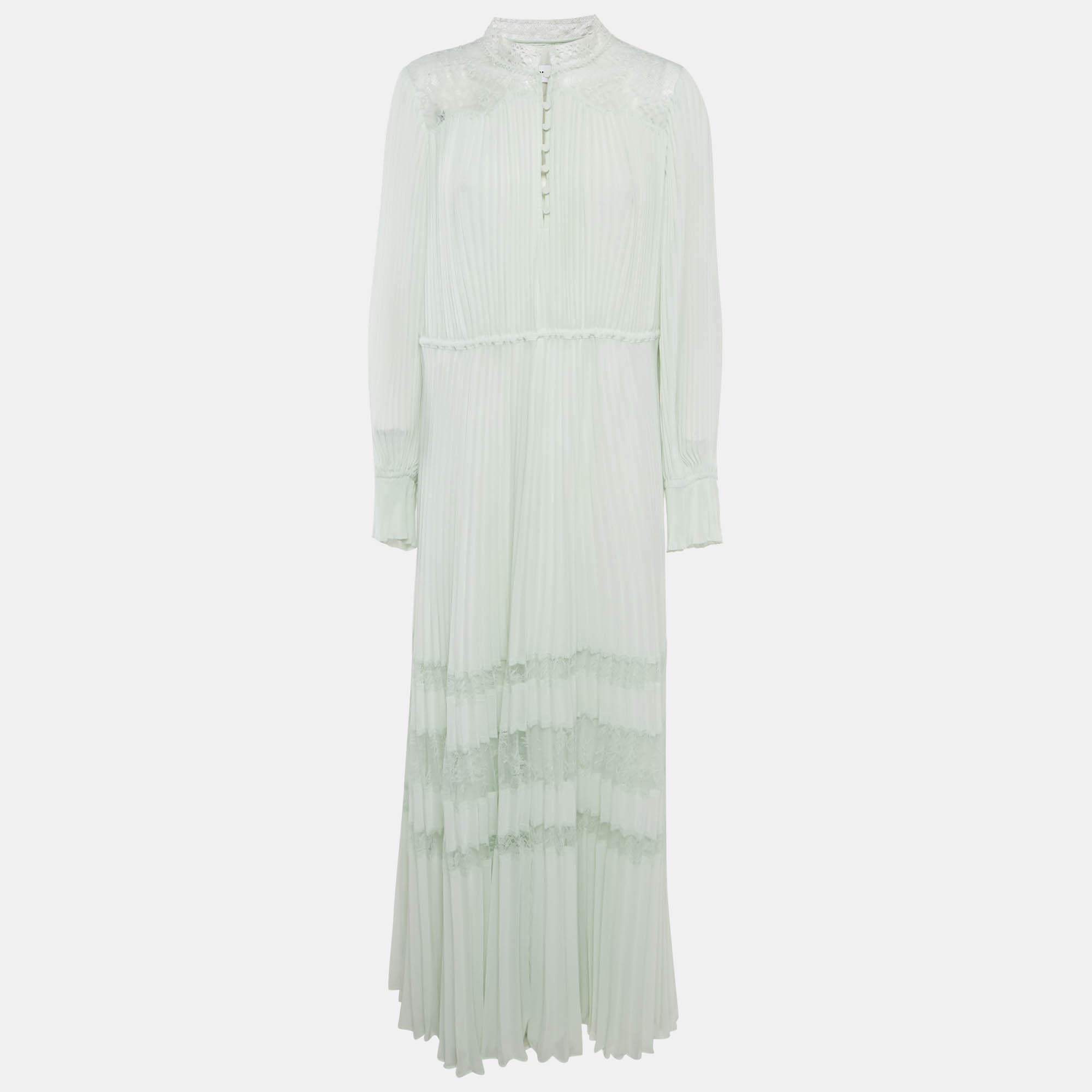 

Self-Portrait Green Plisse Crepe Lace Trimmed Maxi Dress M