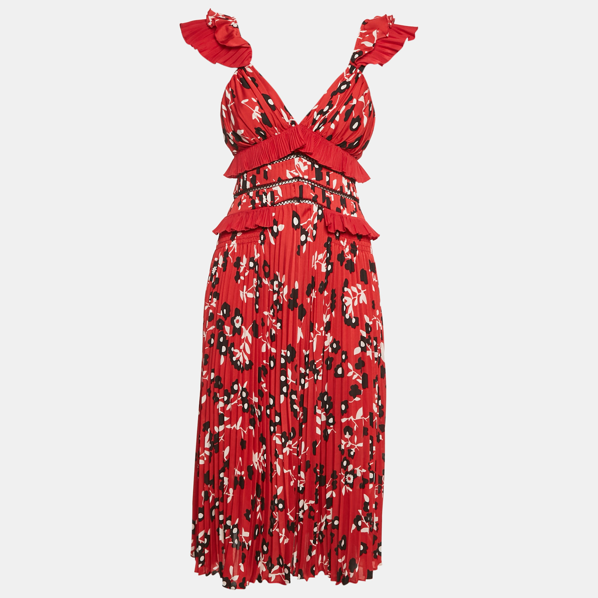 

Self-Portrait Red Floral Print Plisse Ruffled Midi Dress S