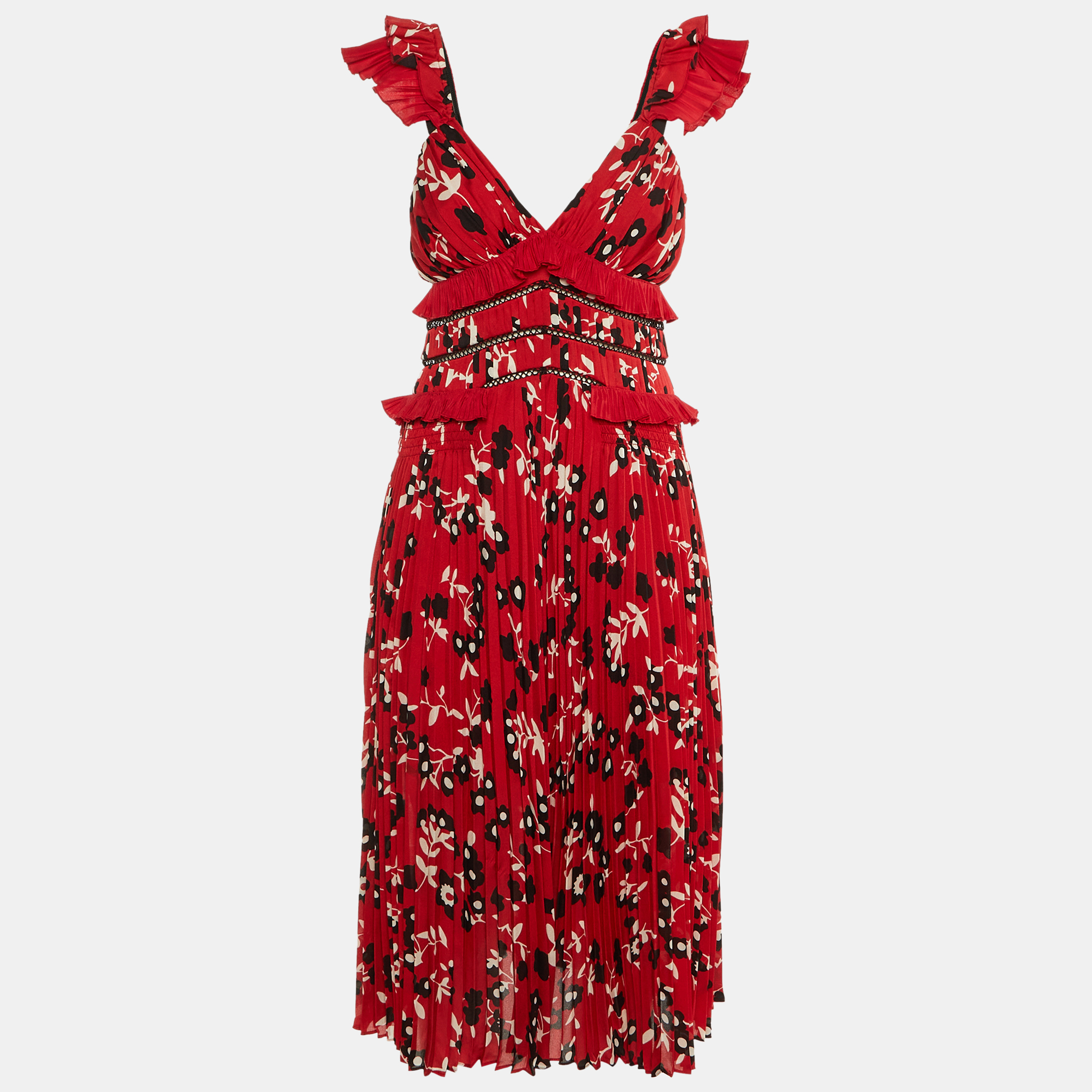

Self-Portrait Red Floral Print Crepe Ruffled Midi Dress S