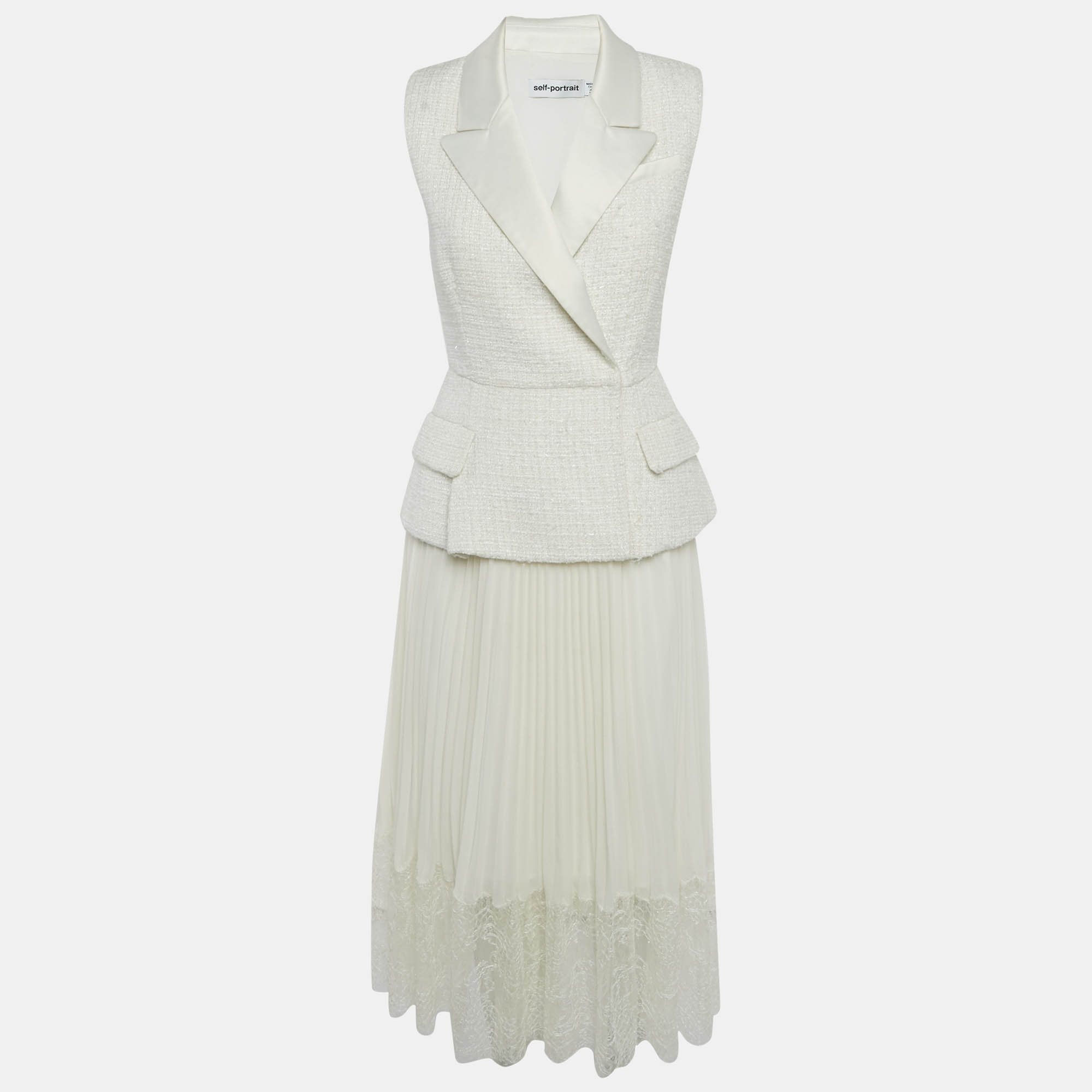 

Self-Portrait Off White Tweed & Plisse Blazer Wrap Over Midi Dress S