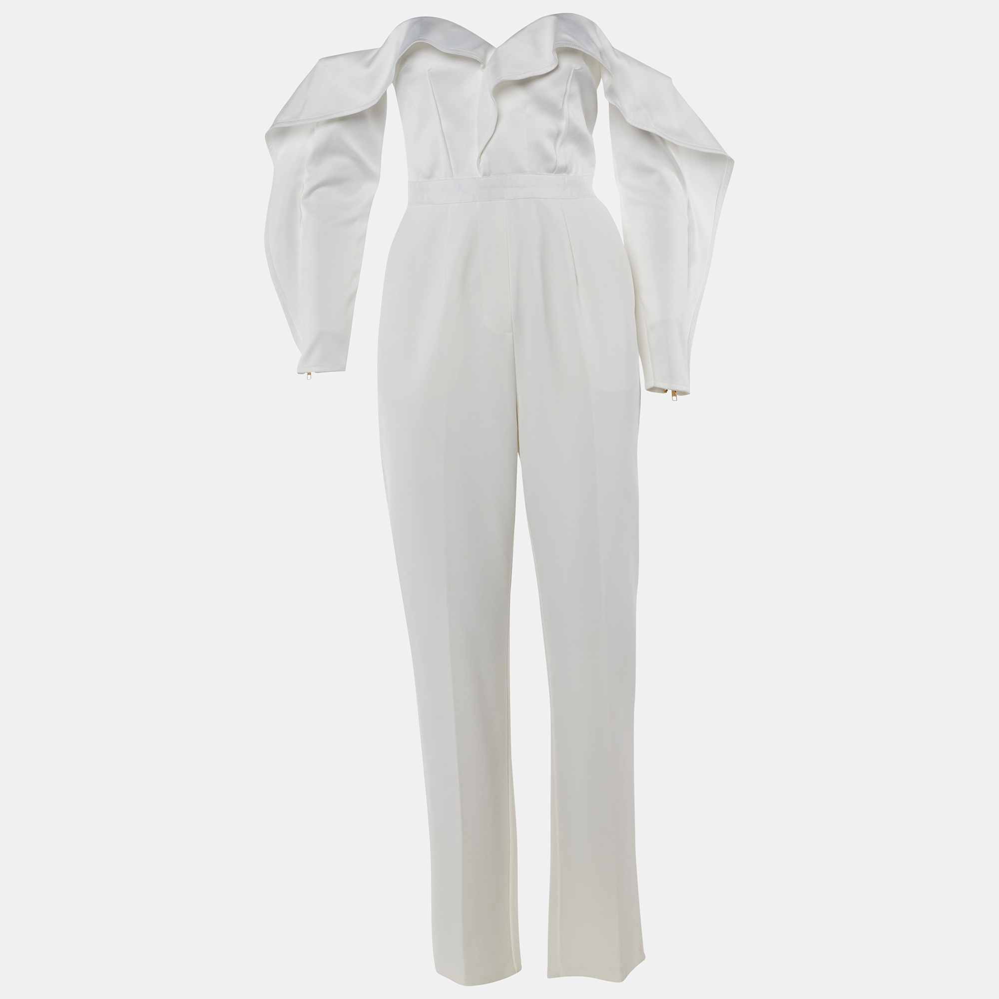 Pre-owned Self-portrait White Satin & Crepe Off-the-shoulder Jumpsuit M