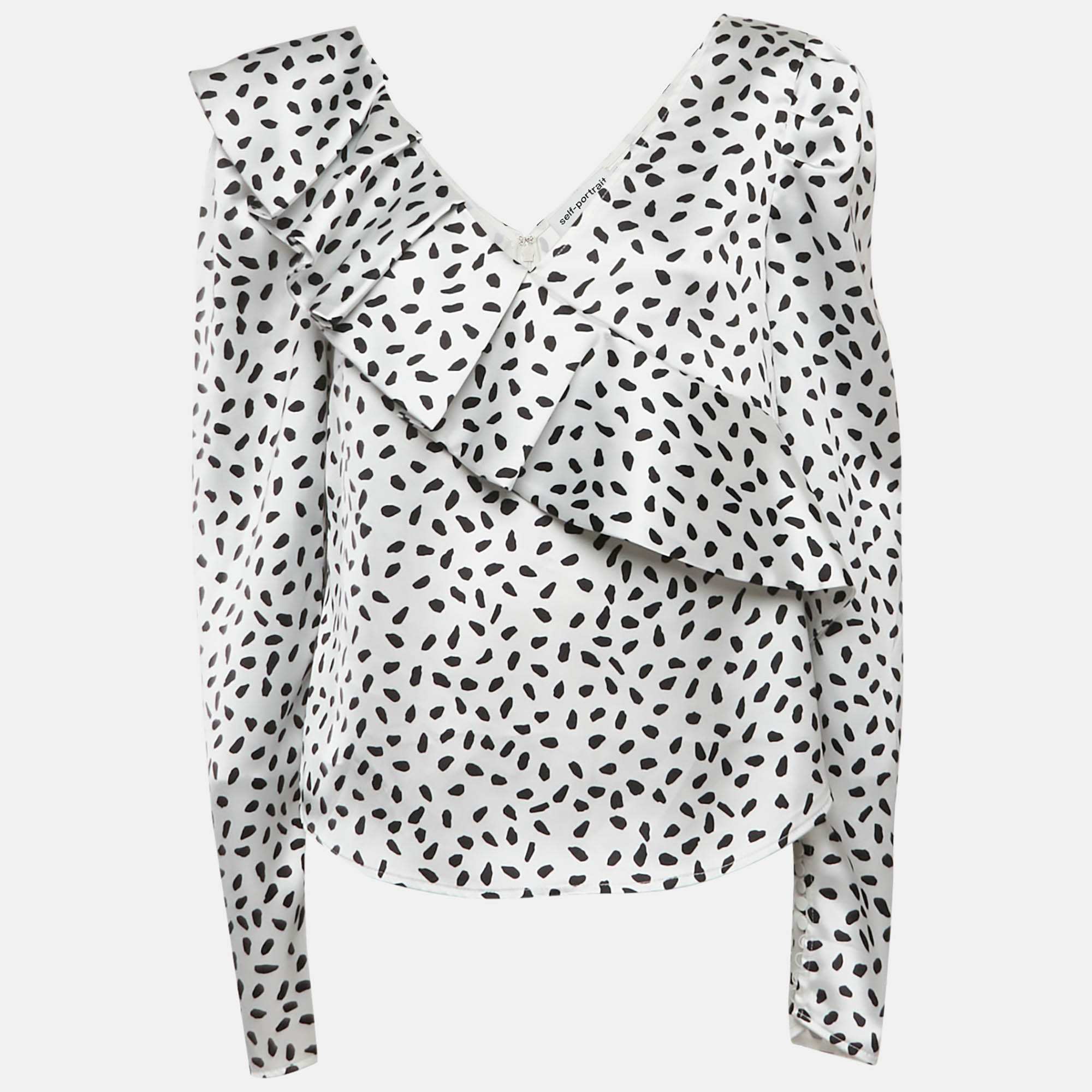 

Self-Portrait Monochrome Printed Satin Ruffled Blouse M, White