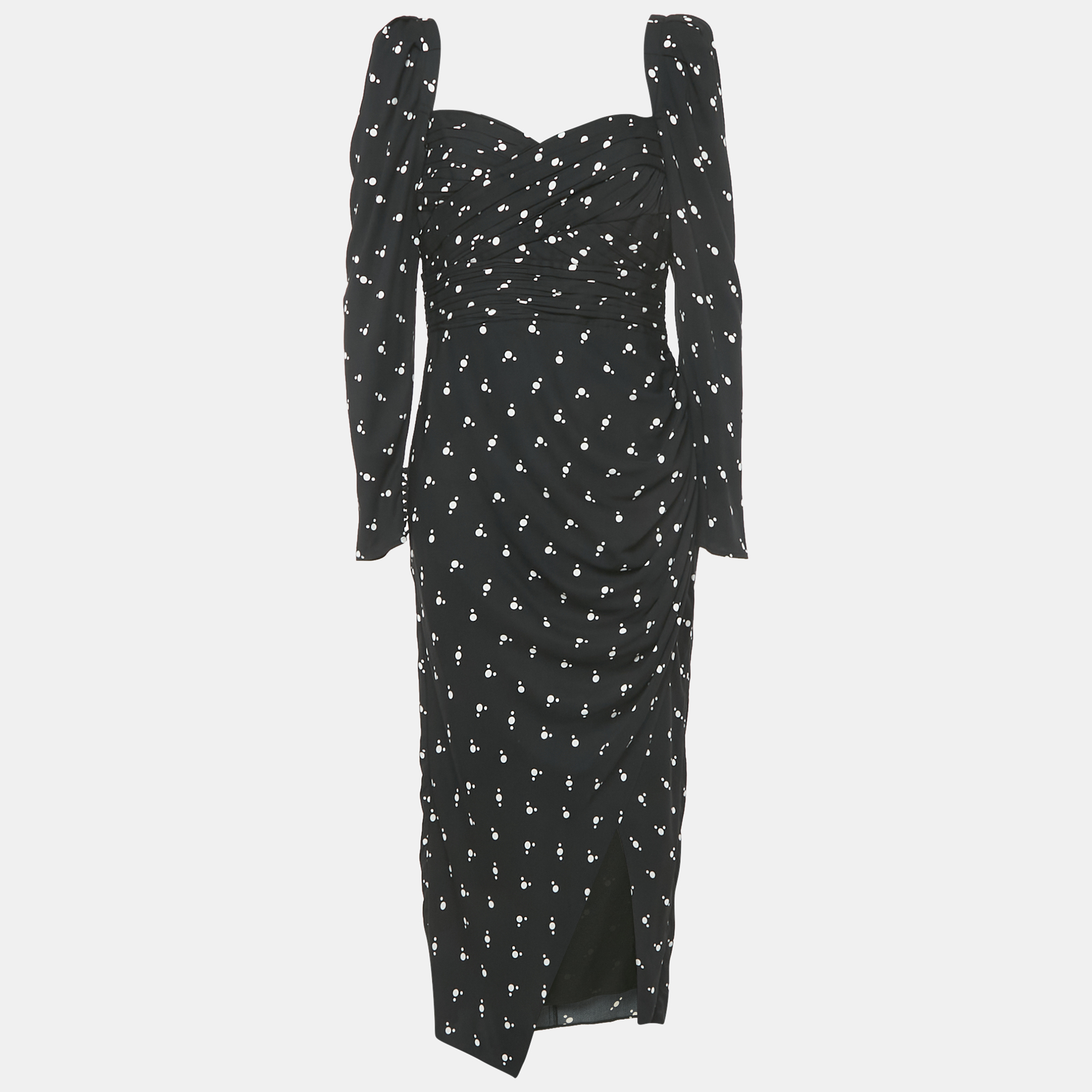 Pre-owned Self-portrait Black Dots Print Crepe Long Sleeve Midi Dress M