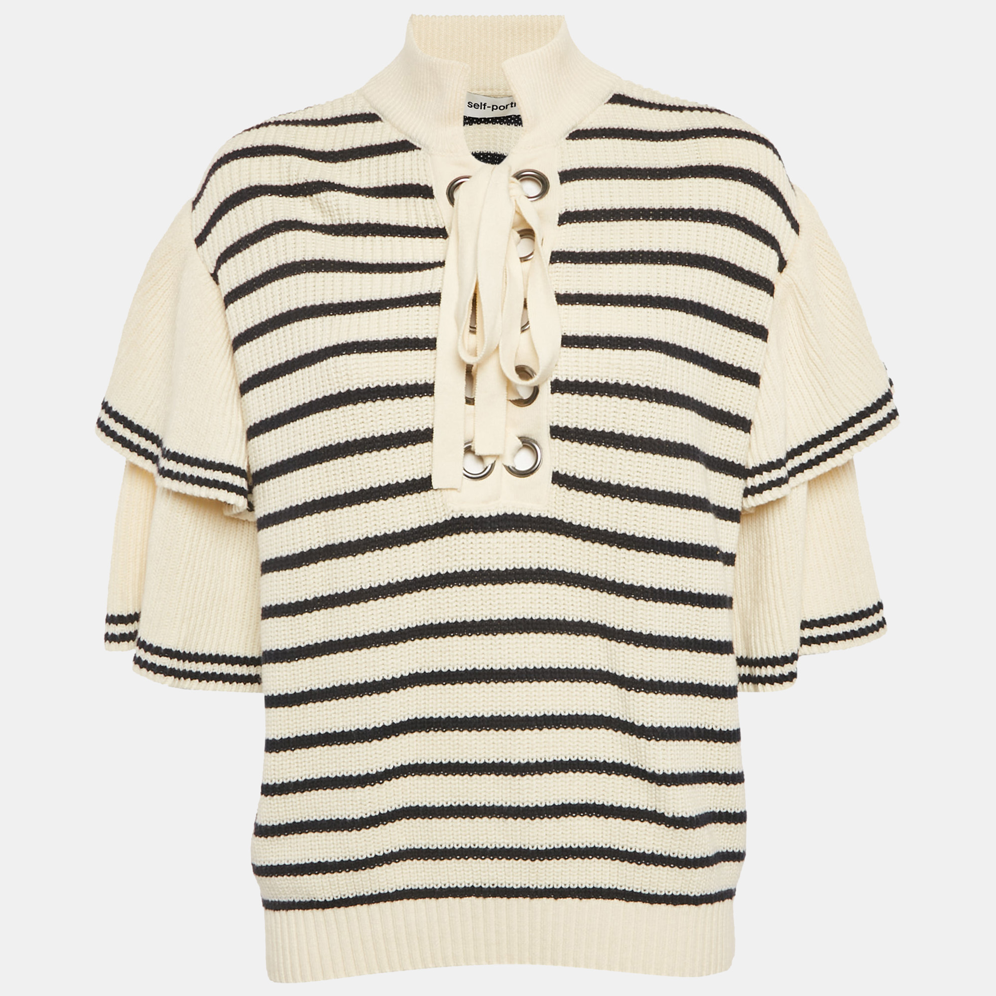 Pre-owned Self-portrait Cream/black Striped Rib Knit Lace-up Neck Sweater L In Beige