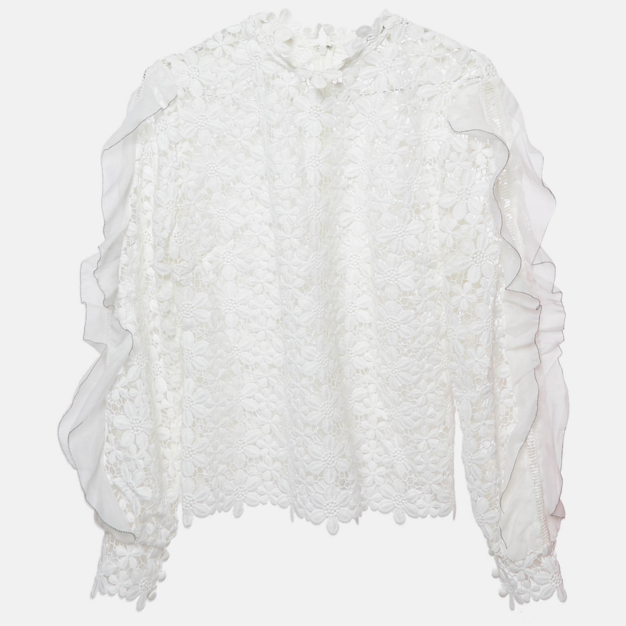 Pre-owned Self-portrait Floral Lace Sheer Blouse L In White