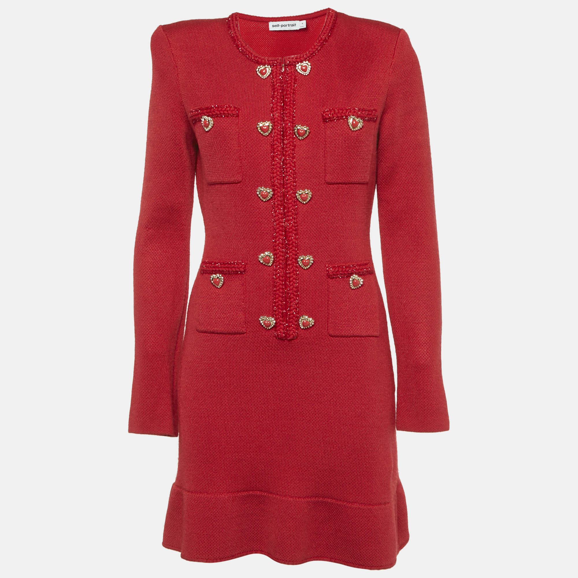 

Self-Portrait Red Knit Heart Button Detail Mini Dress M