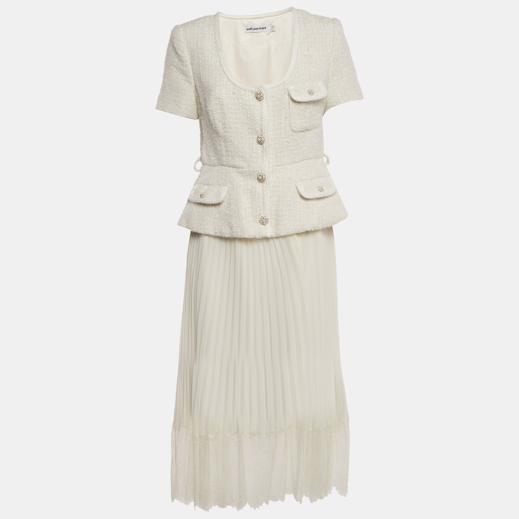 Pre-owned Self-portrait Cream Boucle & Chiffon Tailored Midi Dress M In White