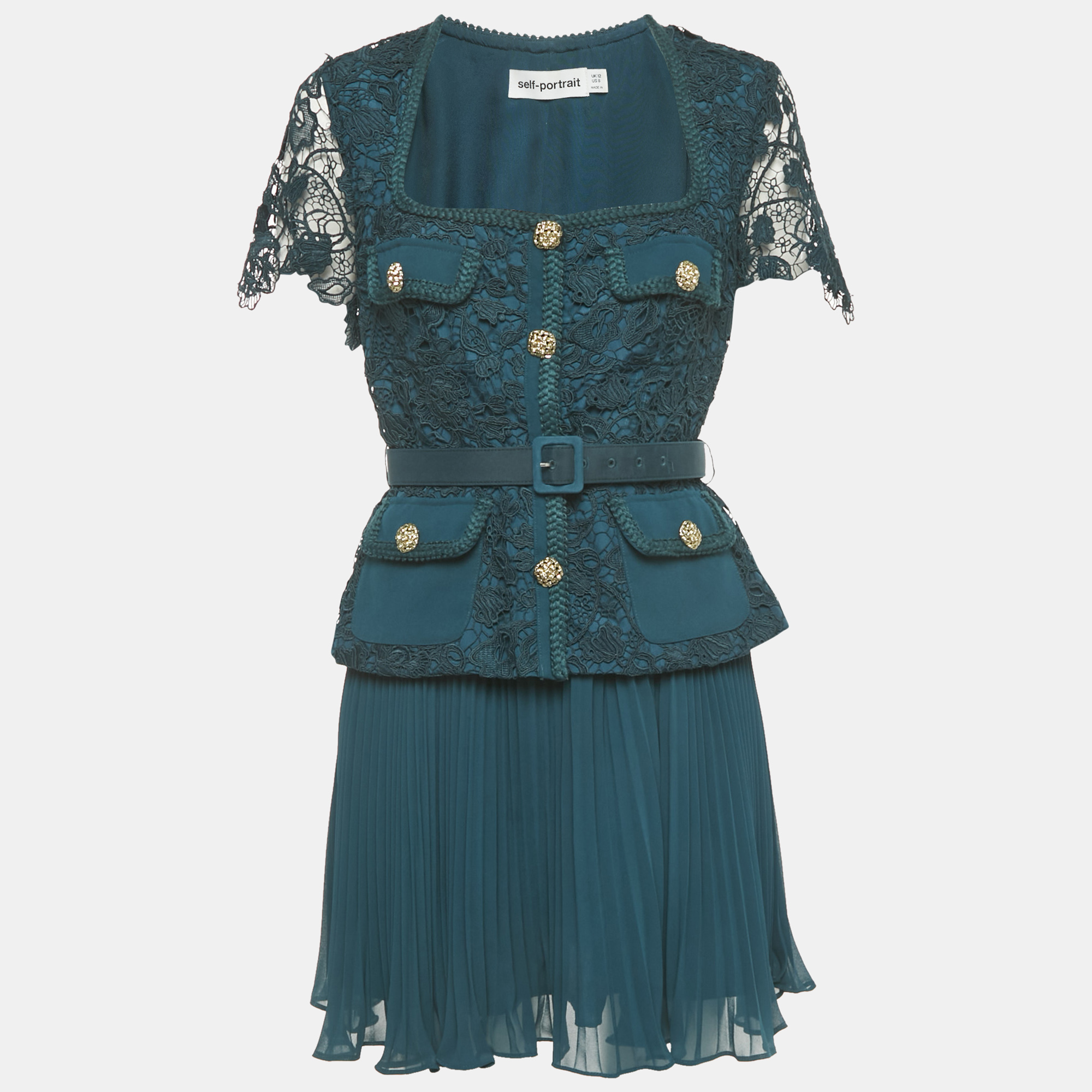 

Self -Portrait Teal Green Chiffon & Guipure Lace Mini Dress M