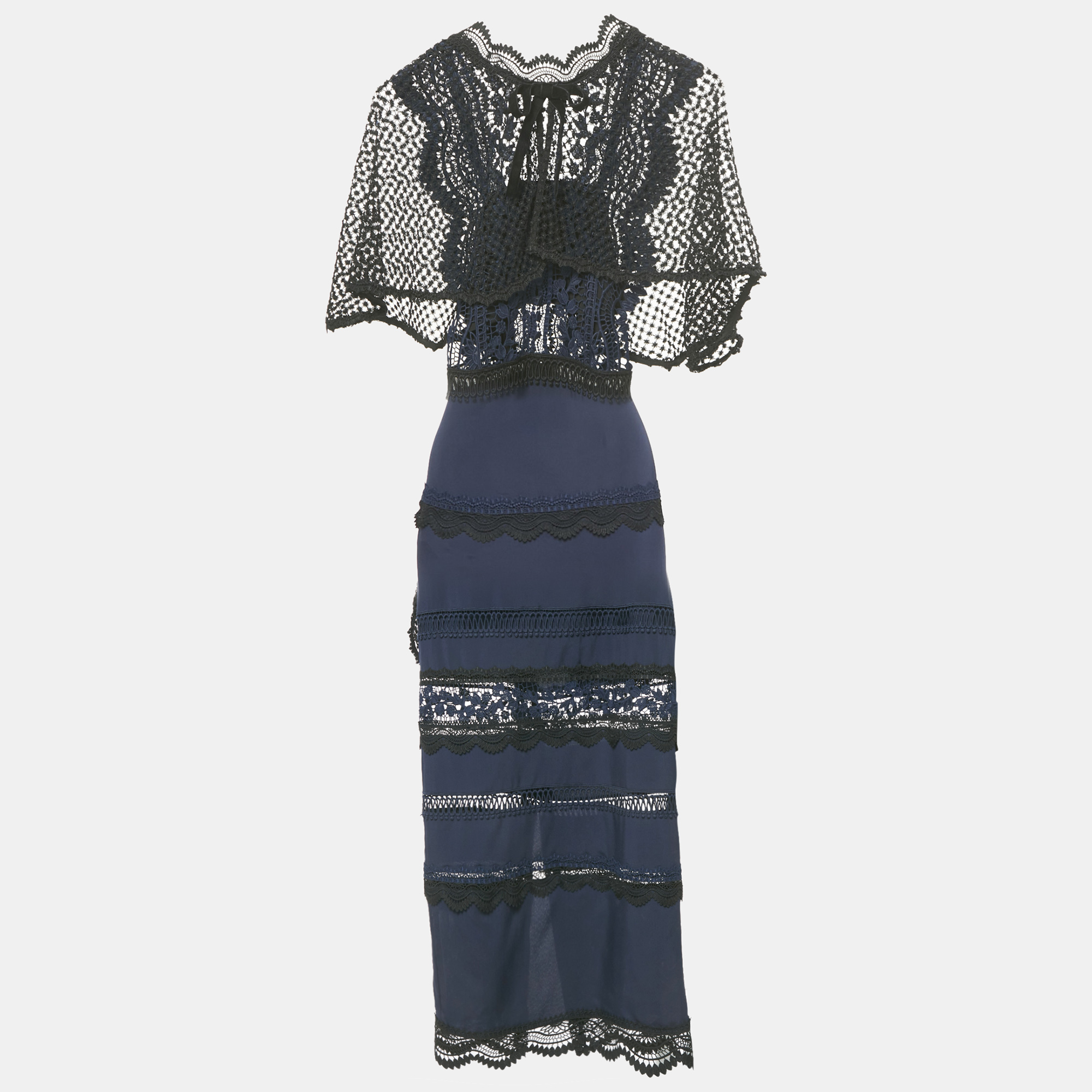 Pre-owned Self-portrait Navy Blue Bellis Lace & Crepe Cape Sleeved Maxi Dress S