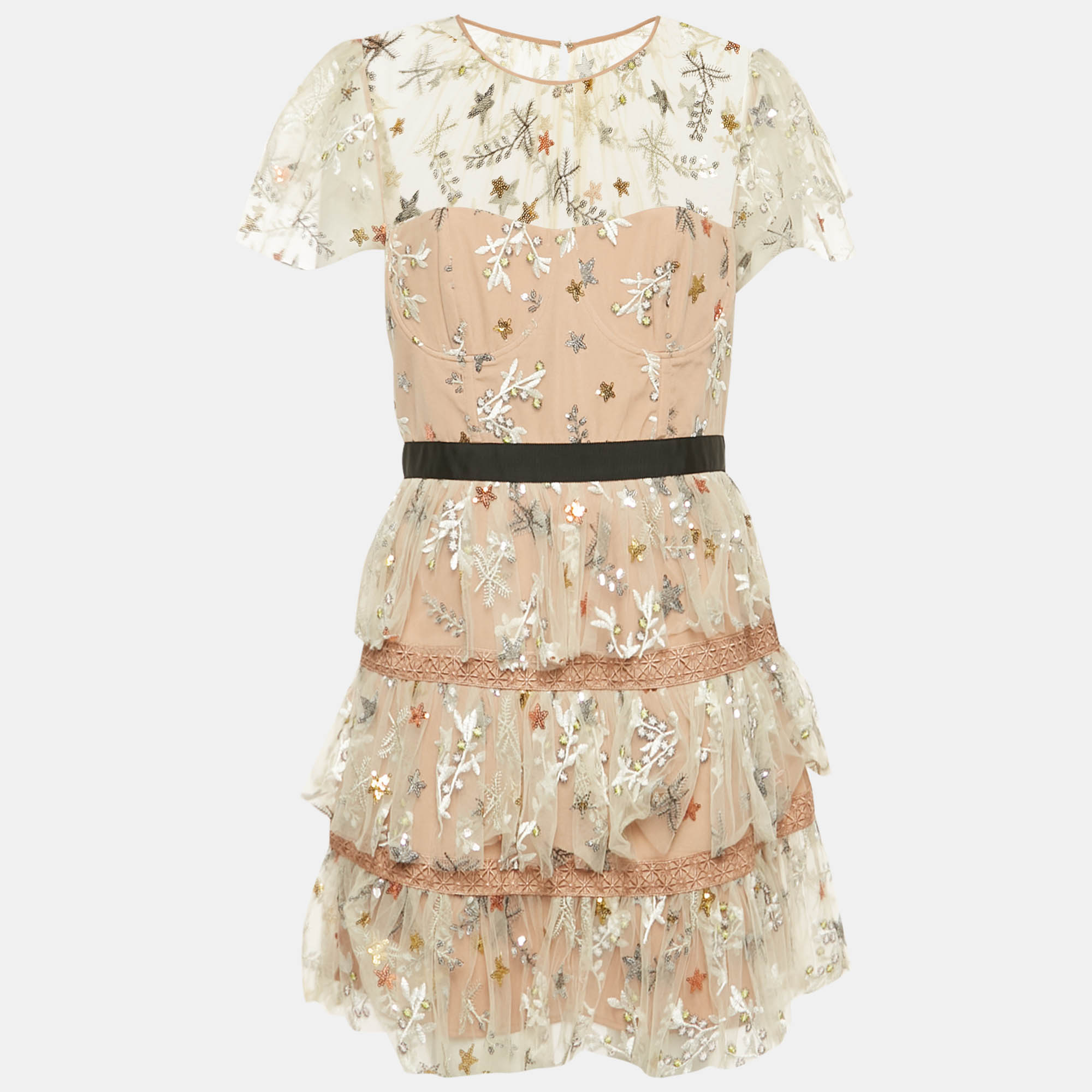 Pre-owned Self-portrait Beige Star Embroidered Tulle Tiered Mini Dress L In Sand