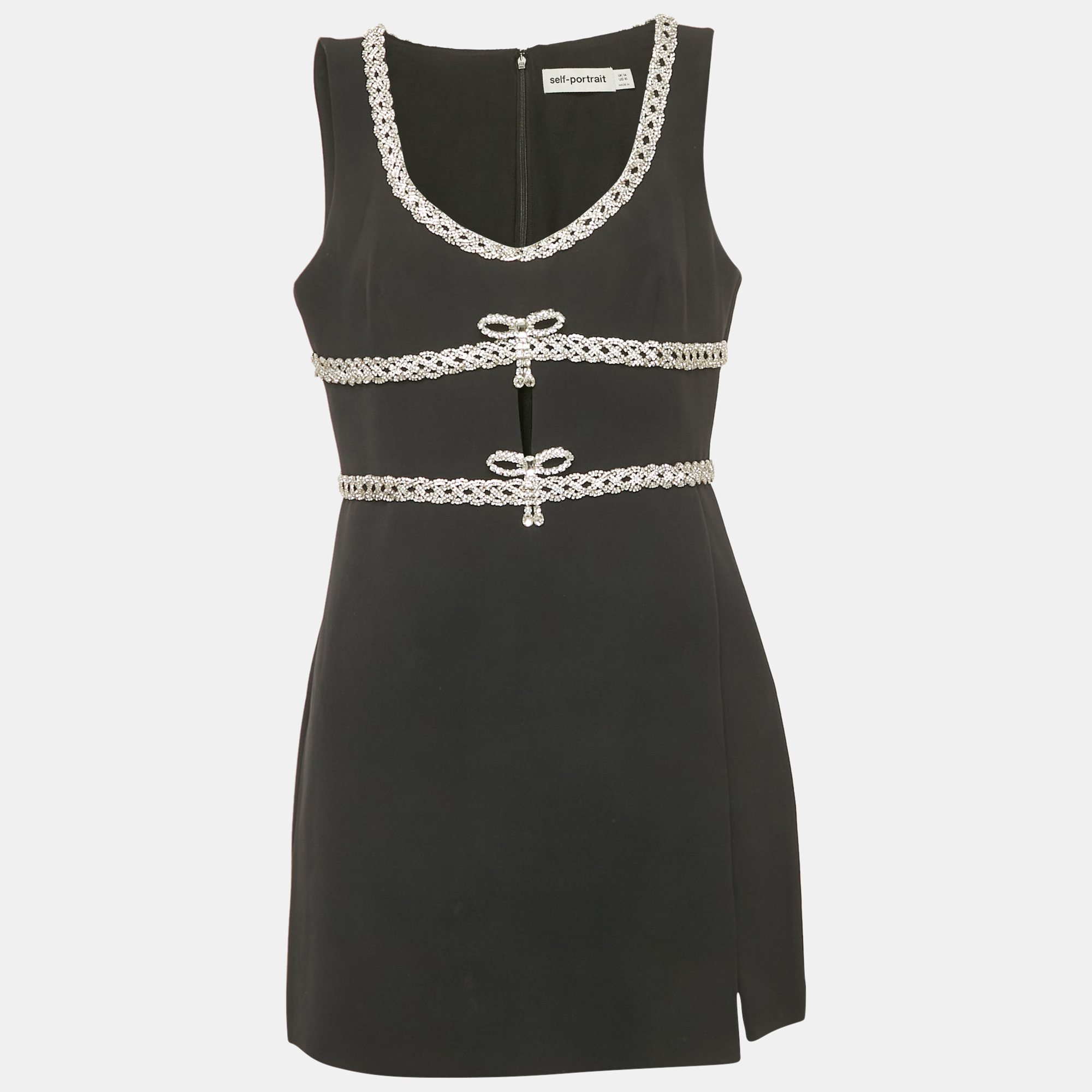 

Self-Portrait Black Crepe Crystal Diamante Bow Mini Dress L