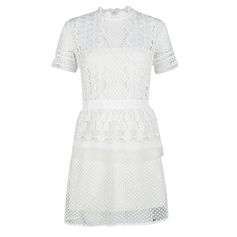 Pre Owned Self Portrait White Sculptured Tear Drop Peplum Dress M